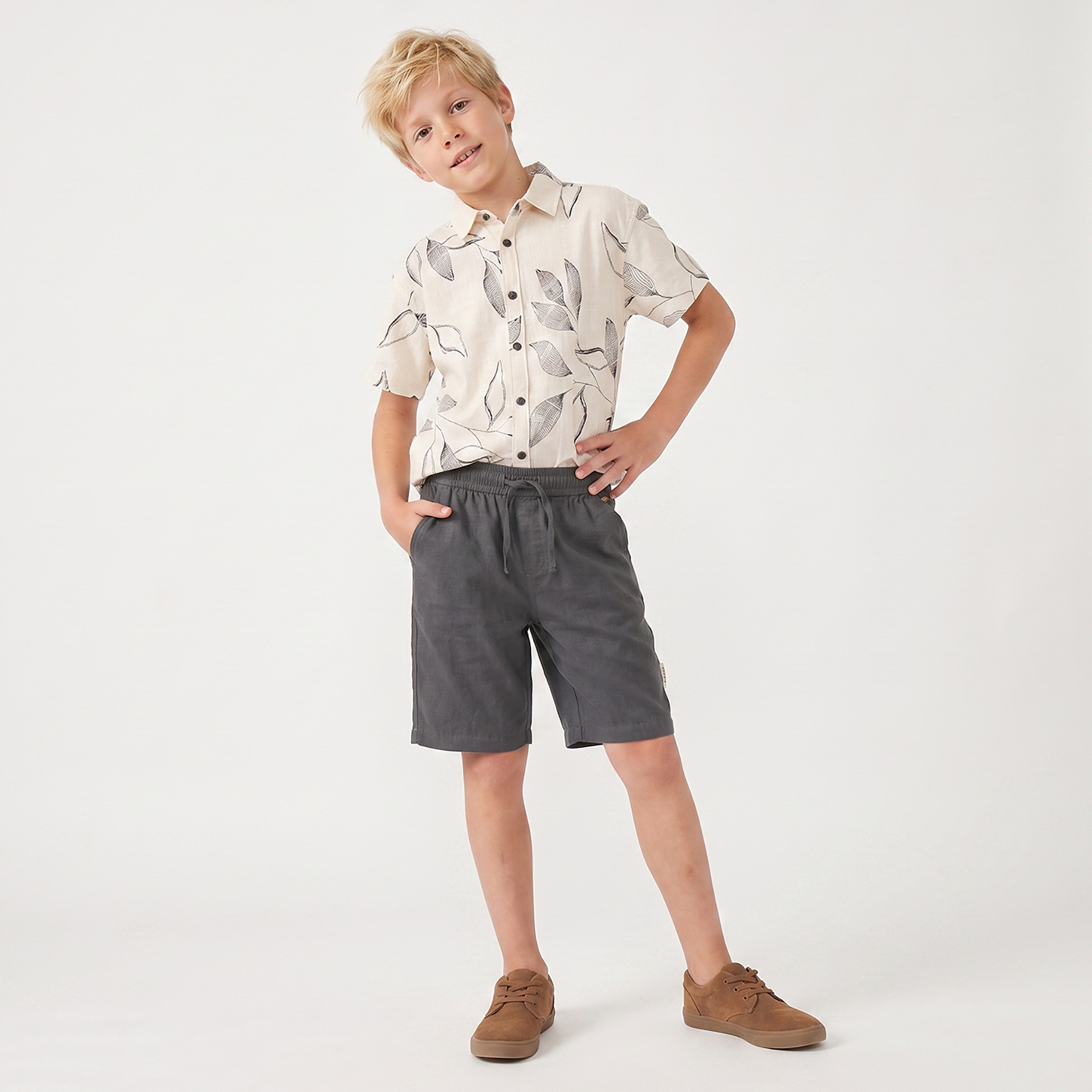 Eligo Collared Short Sleeves Shirt and Shorts Set with Botanical Embroidery-boys-clothing-setsandcoords-image-5