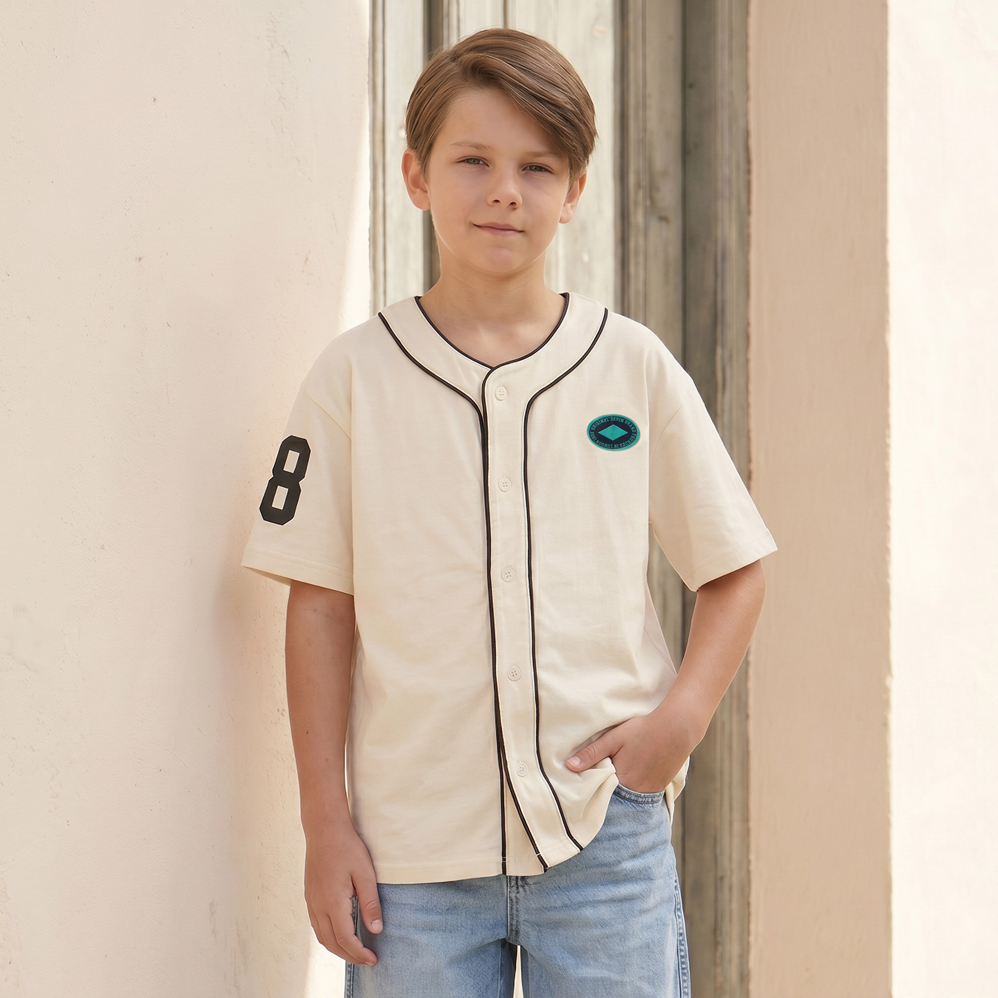 قميص بيسبول بأكمام قصيرة وحواف بخطوط بارزة من لي كوبر-boys-clothing-shirts-image-1