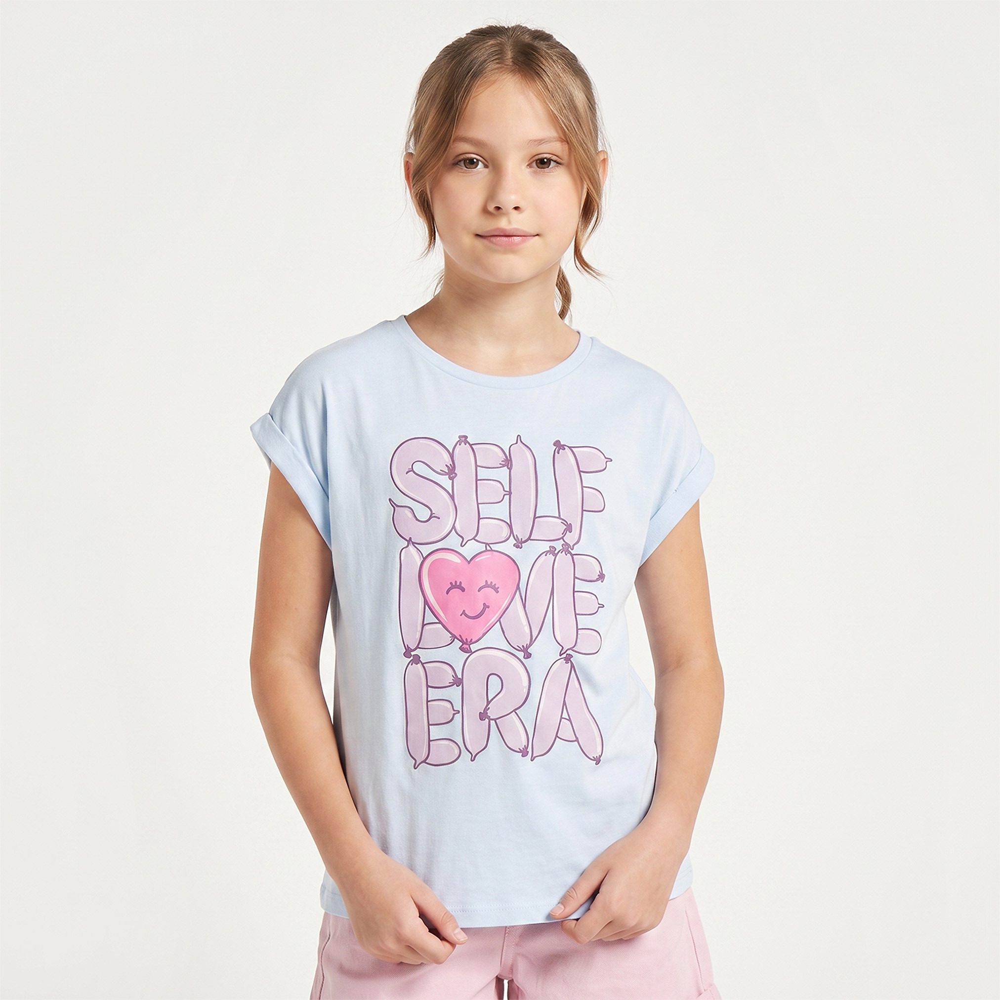 Juniors Round Neck Short Sleeve T-shirt with Slogan Print-girls-clothing-tshirts-image-1