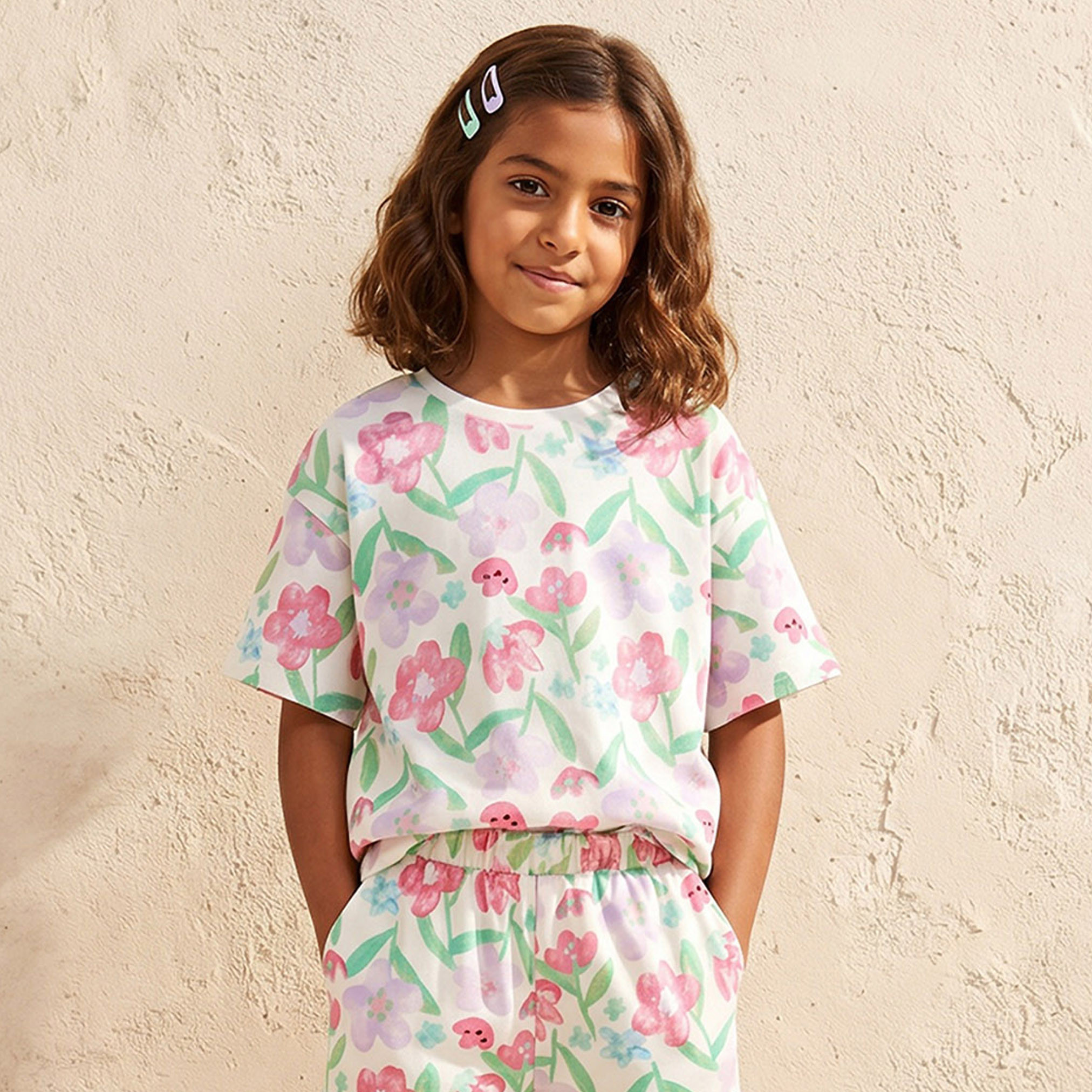 Juniors Crew Neck Short Sleeves T-shirt with Floral Print-girls-clothing-tshirts-image-1