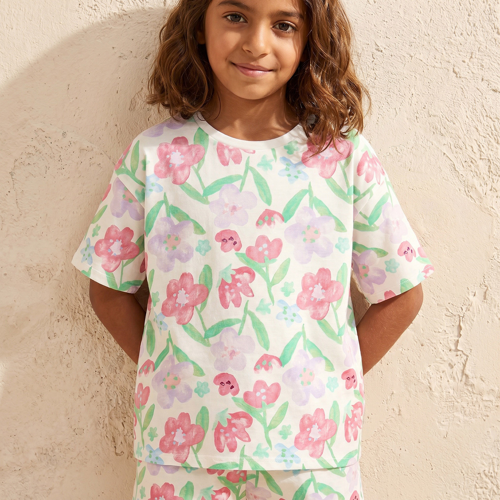 Juniors Crew Neck Short Sleeves T-shirt with Floral Print-girls-clothing-tshirts-image-5