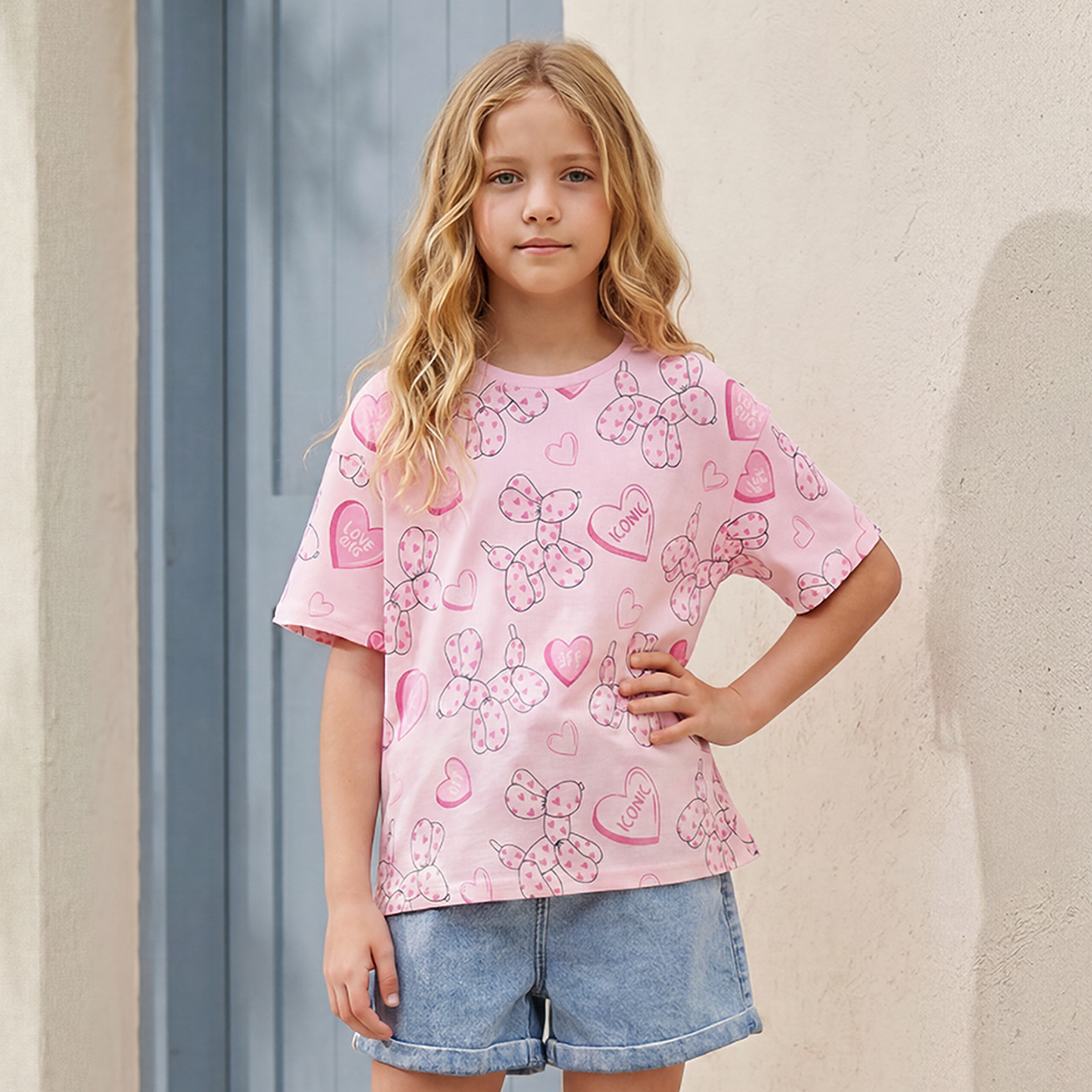 Juniors Crew Neck Short Sleeves T-shirt with Cute Print-girls-clothing-tshirts-image-1