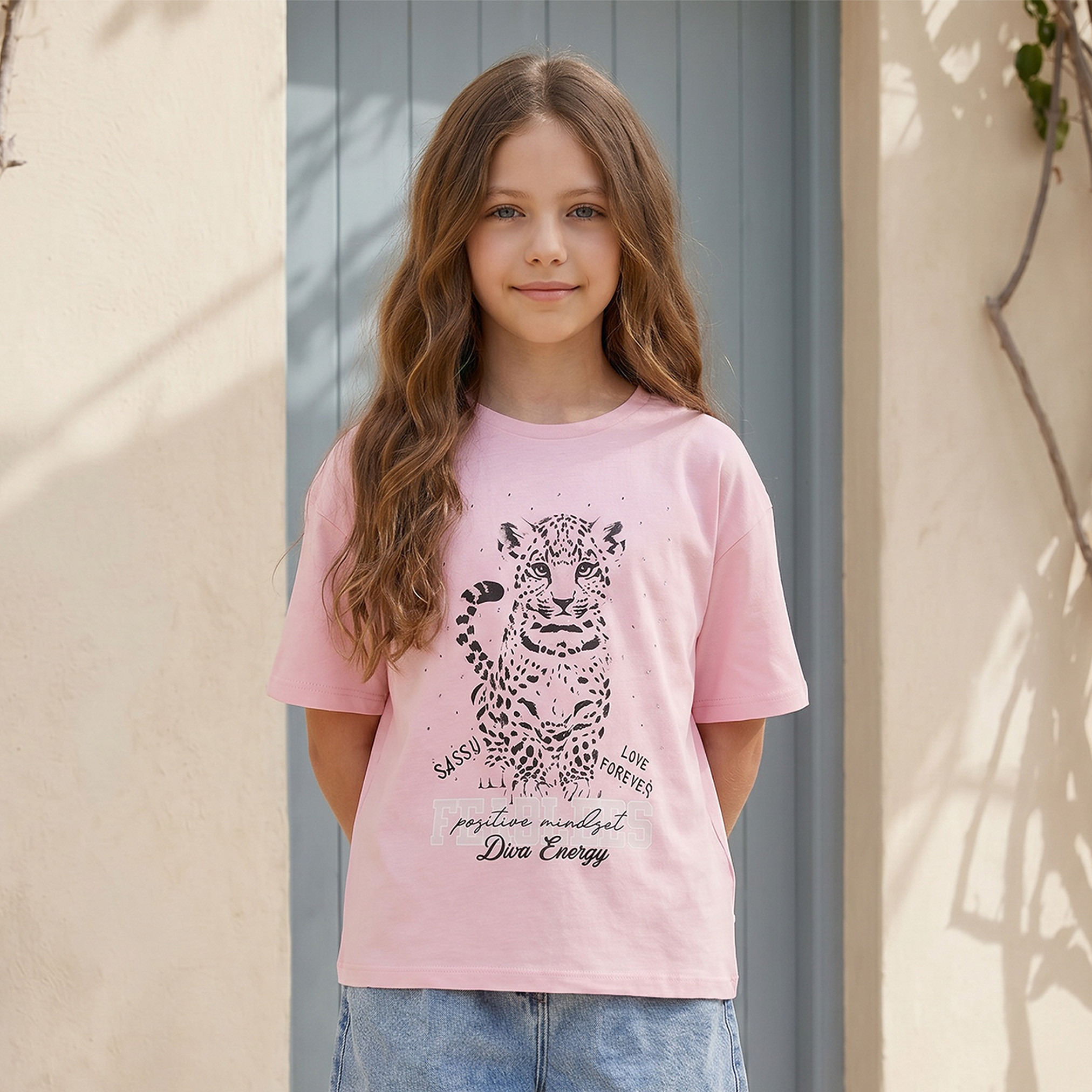 Juniors Crew Neck Short Sleeves T-shirt with Leopard Print-girls-clothing-tshirts-image-1