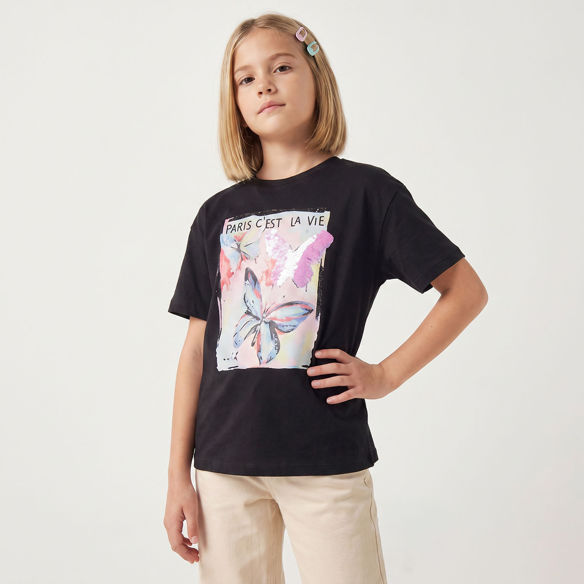 Juniors Round Neck Short Sleeves T-shirt with Sequin Embellishment-girls-clothing-tshirts-image-1