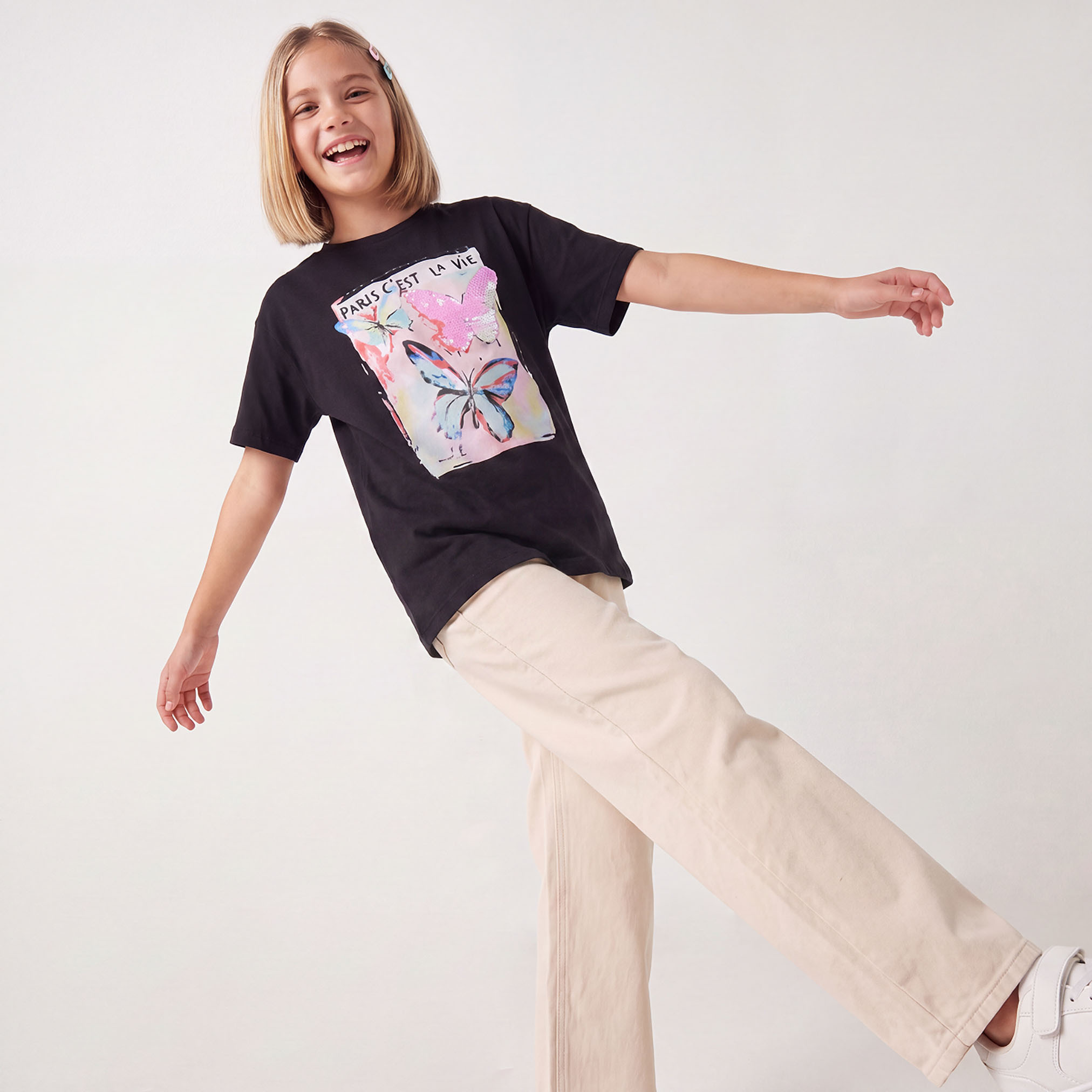 Juniors Round Neck Short Sleeves T-shirt with Sequin Embellishment-girls-clothing-tshirts-image-2