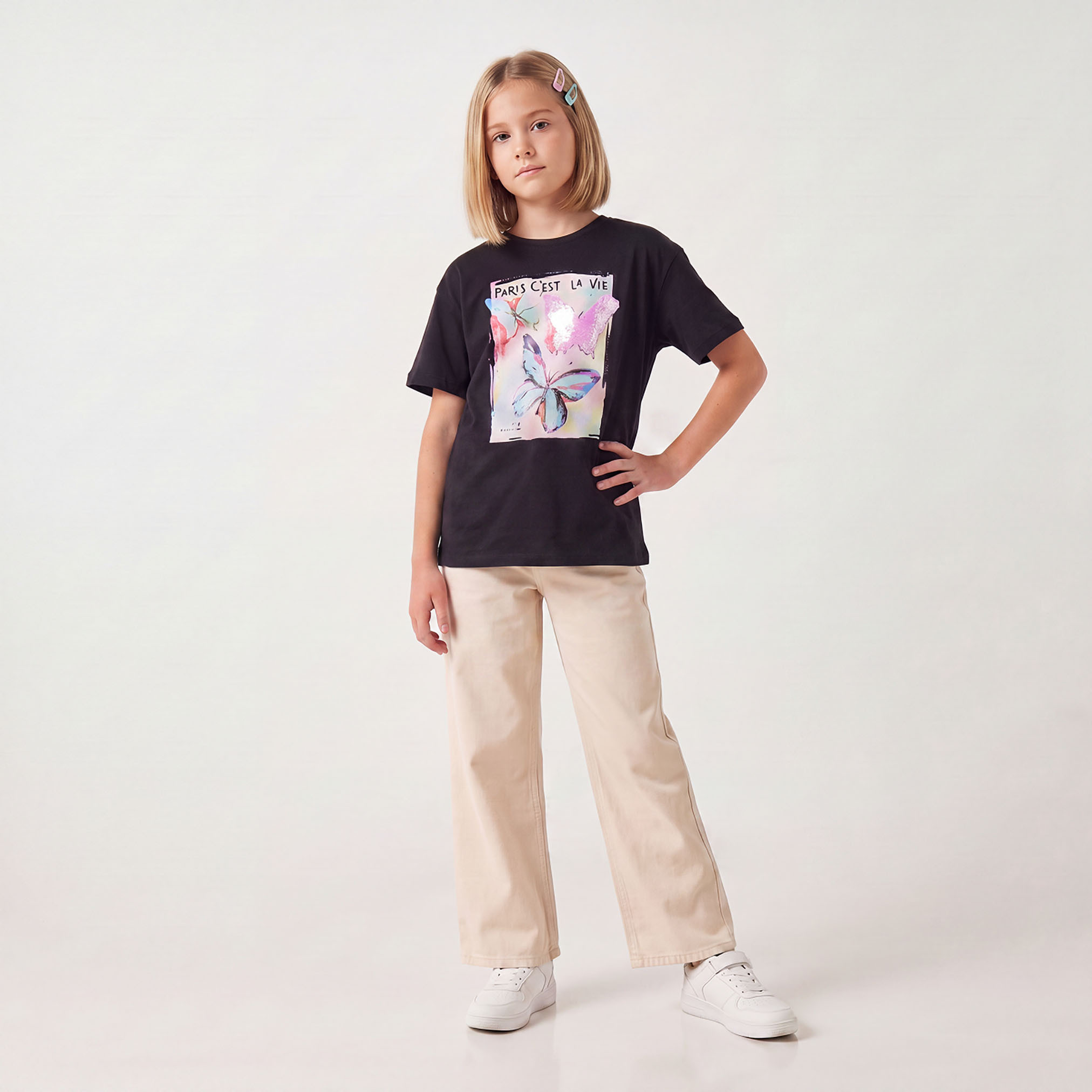 Juniors Round Neck Short Sleeves T-shirt with Sequin Embellishment-girls-clothing-tshirts-image-4