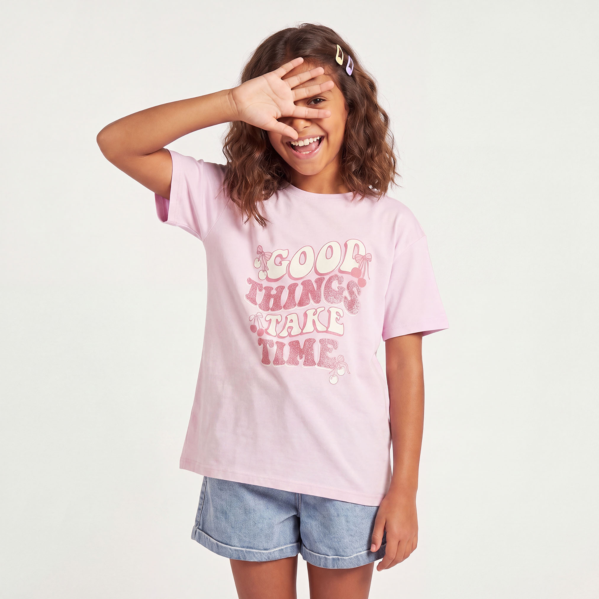 Juniors Crew Neck Short Sleeves T-shirt with Typography Print-girls-clothing-tshirts-image-1