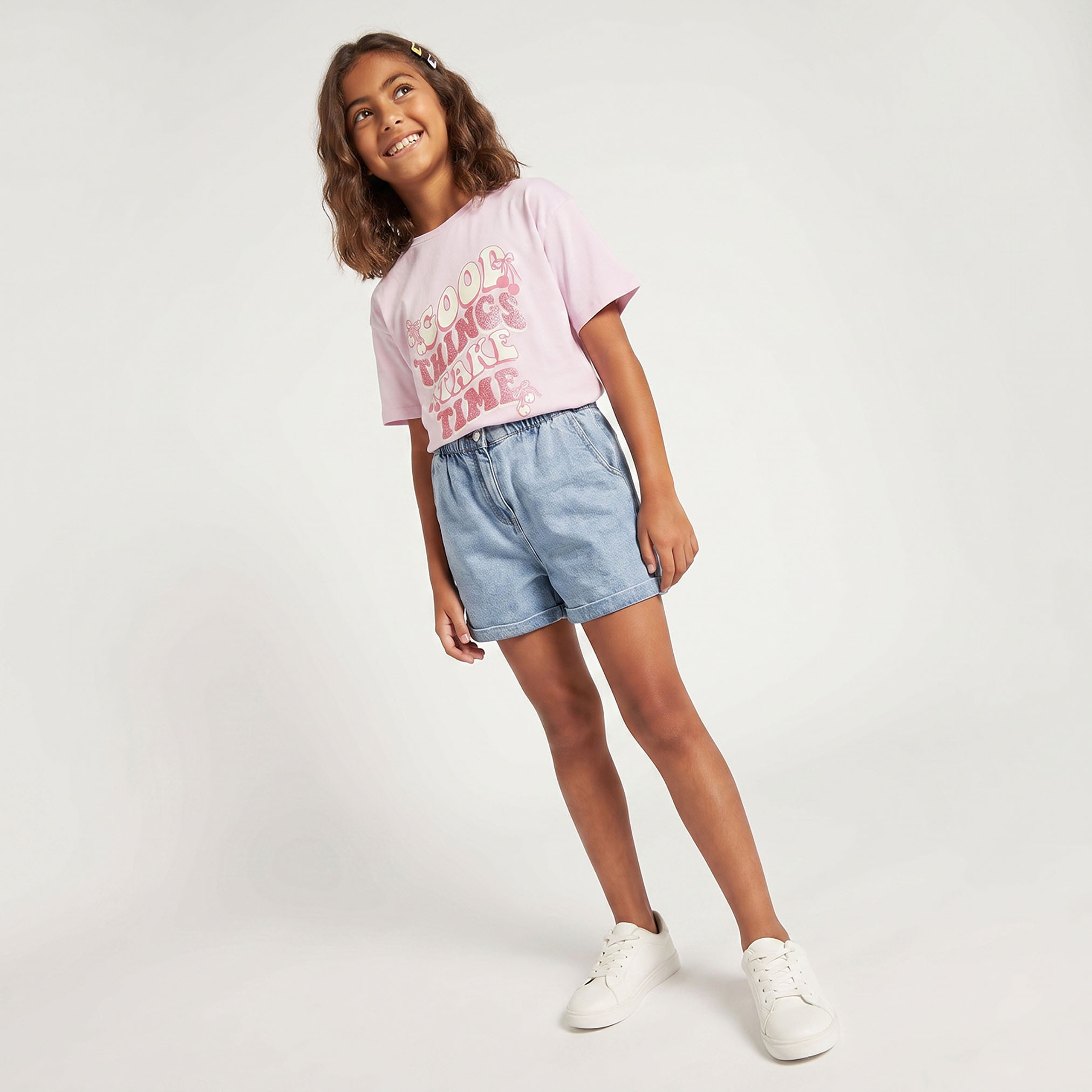 Juniors Crew Neck Short Sleeves T-shirt with Typography Print-girls-clothing-tshirts-image-3