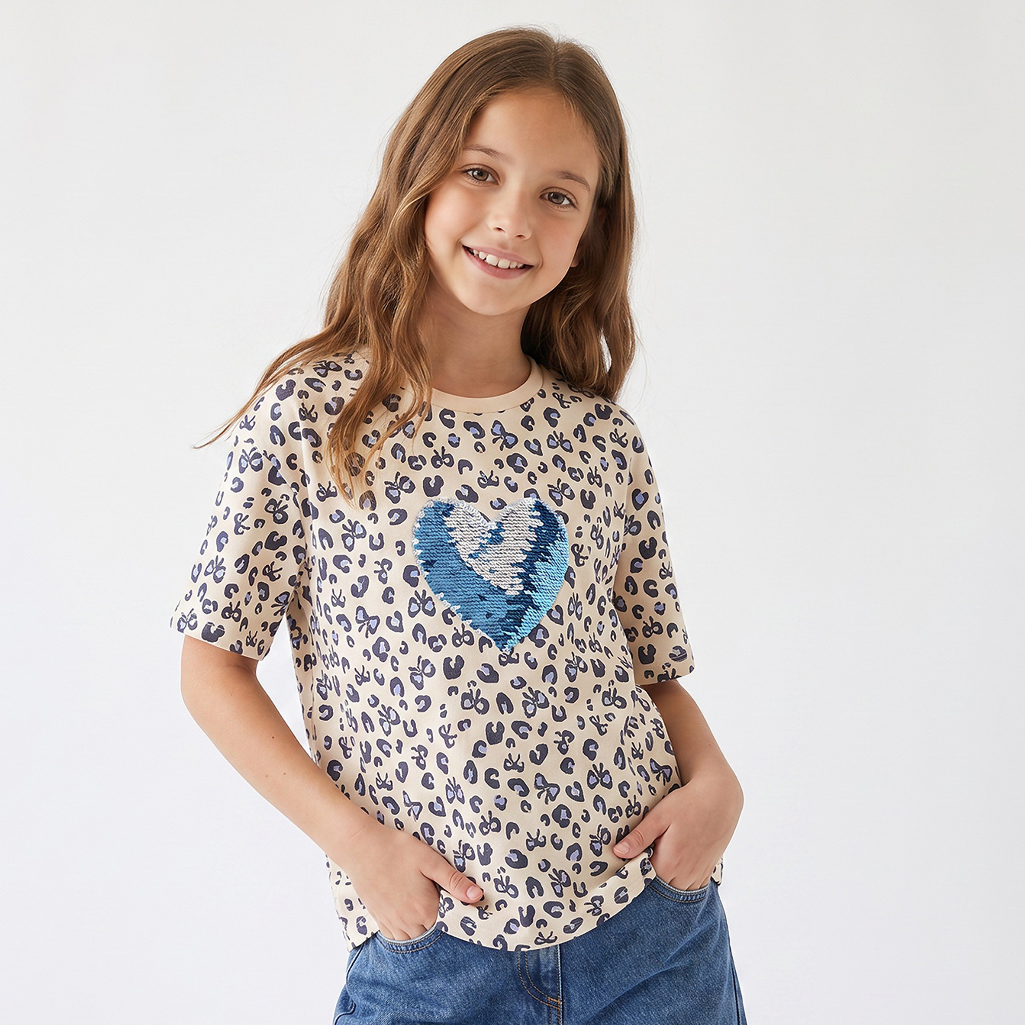 Juniors Crew Neck Short Sleeves T-shirt with Butterfly Print-girls-clothing-tshirts-image-1