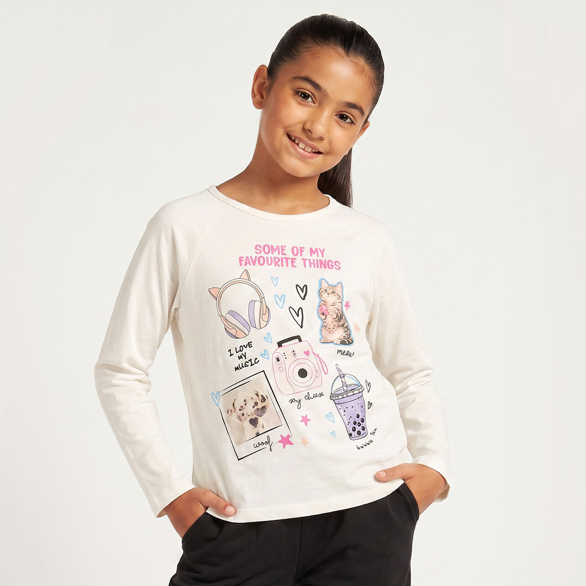 Juniors Crew Neck Long Sleeves T-shirt with Graphic Print-girls-clothing-tshirts-image-1
