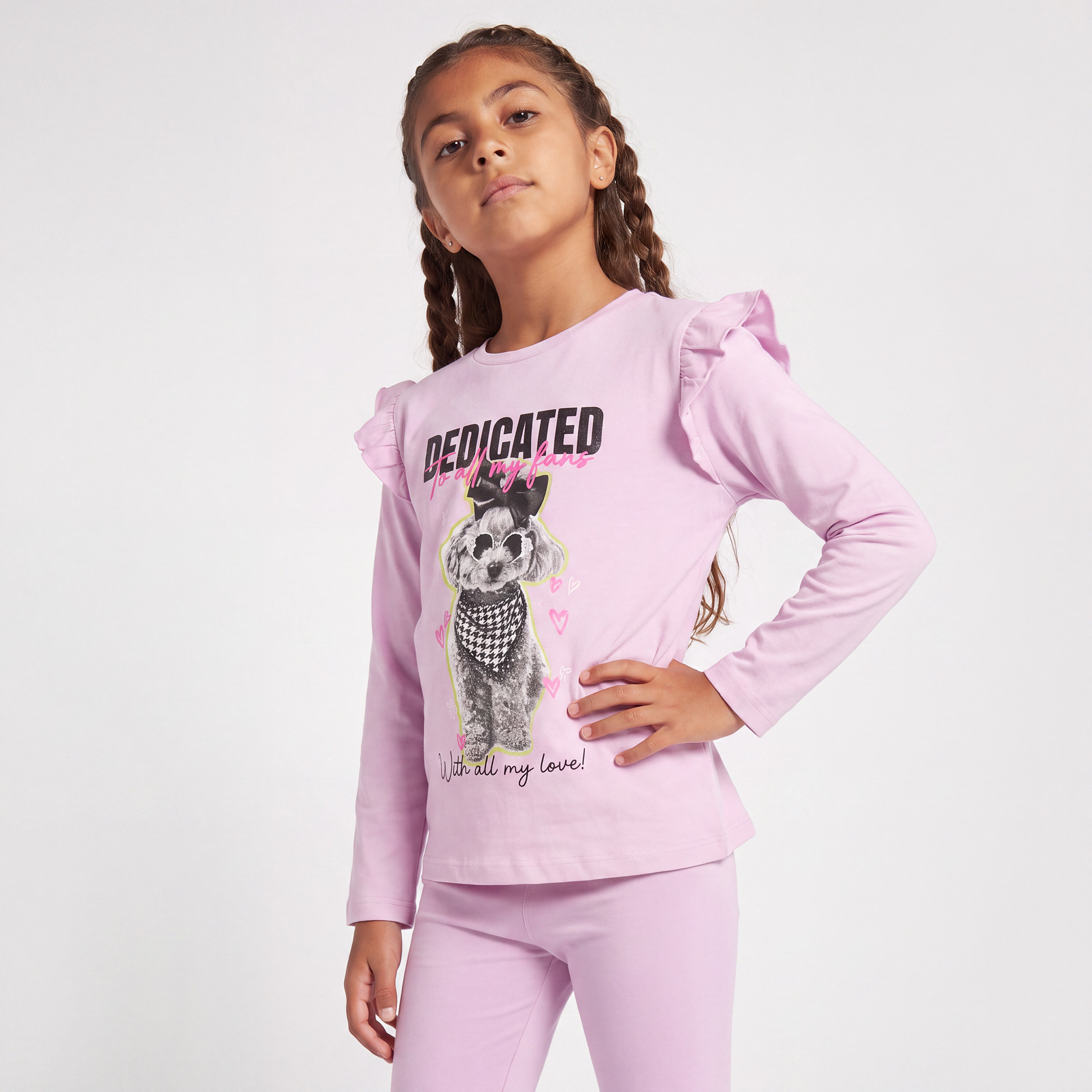 تيشيرت بياقة ضيقة وأكمام طويلة وطبعات من جونيورز-girls-clothing-tshirts-image-1