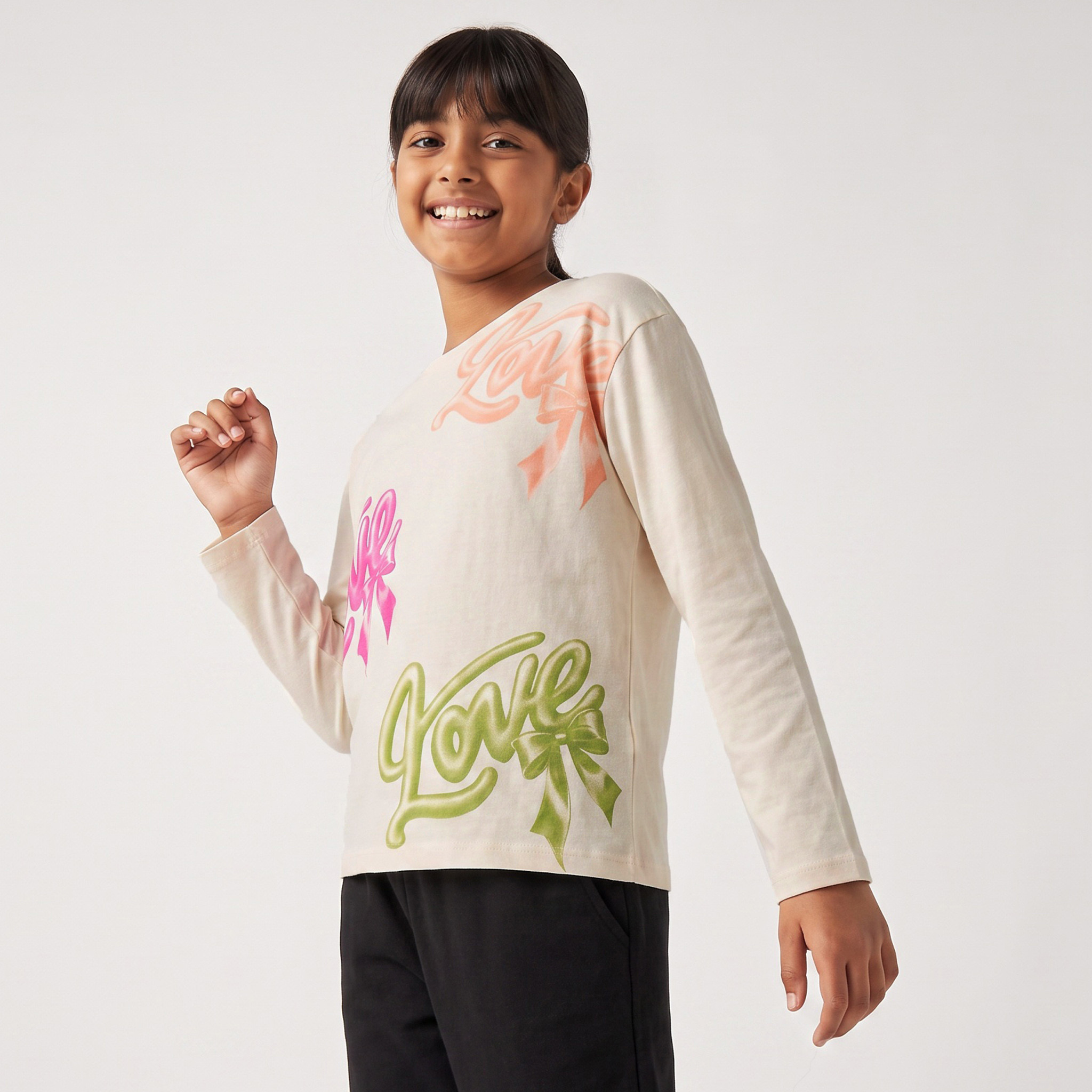 Juniors Print Crew Neck Long Sleeves T-shirt with Typography Print-girls-clothing-tshirts-image-1