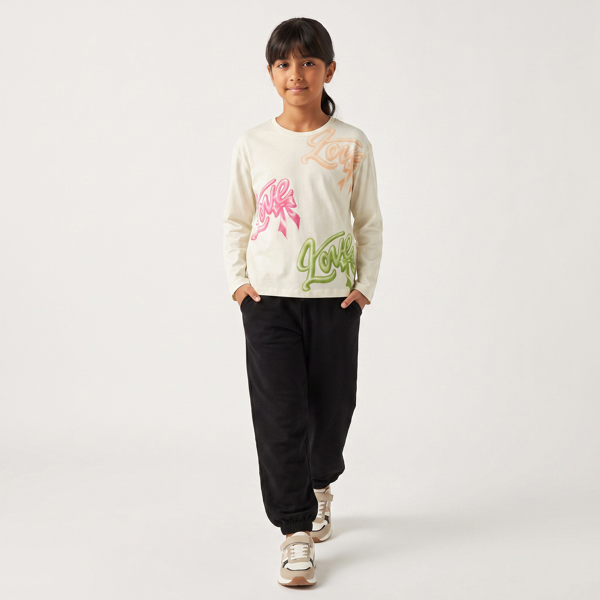 Juniors Print Crew Neck Long Sleeves T-shirt with Typography Print-girls-clothing-tshirts-image-2