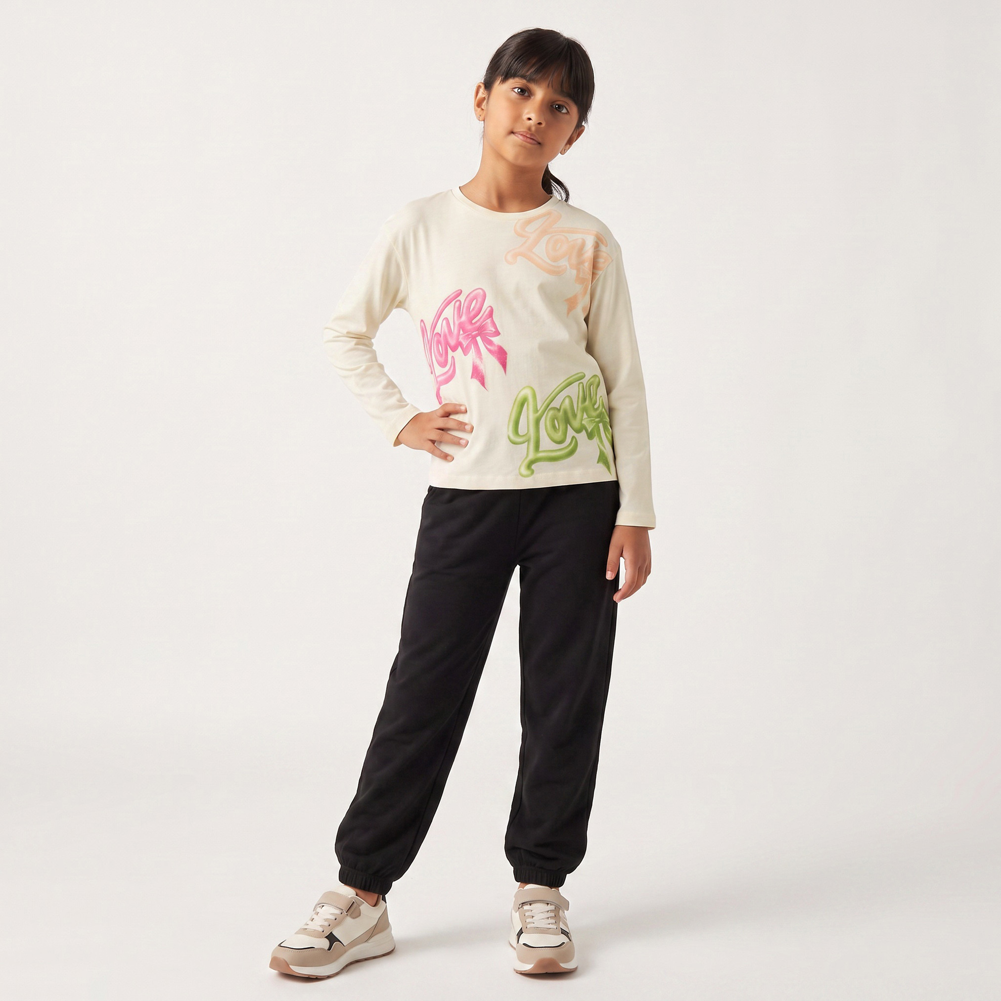 Juniors Print Crew Neck Long Sleeves T-shirt with Typography Print-girls-clothing-tshirts-image-4