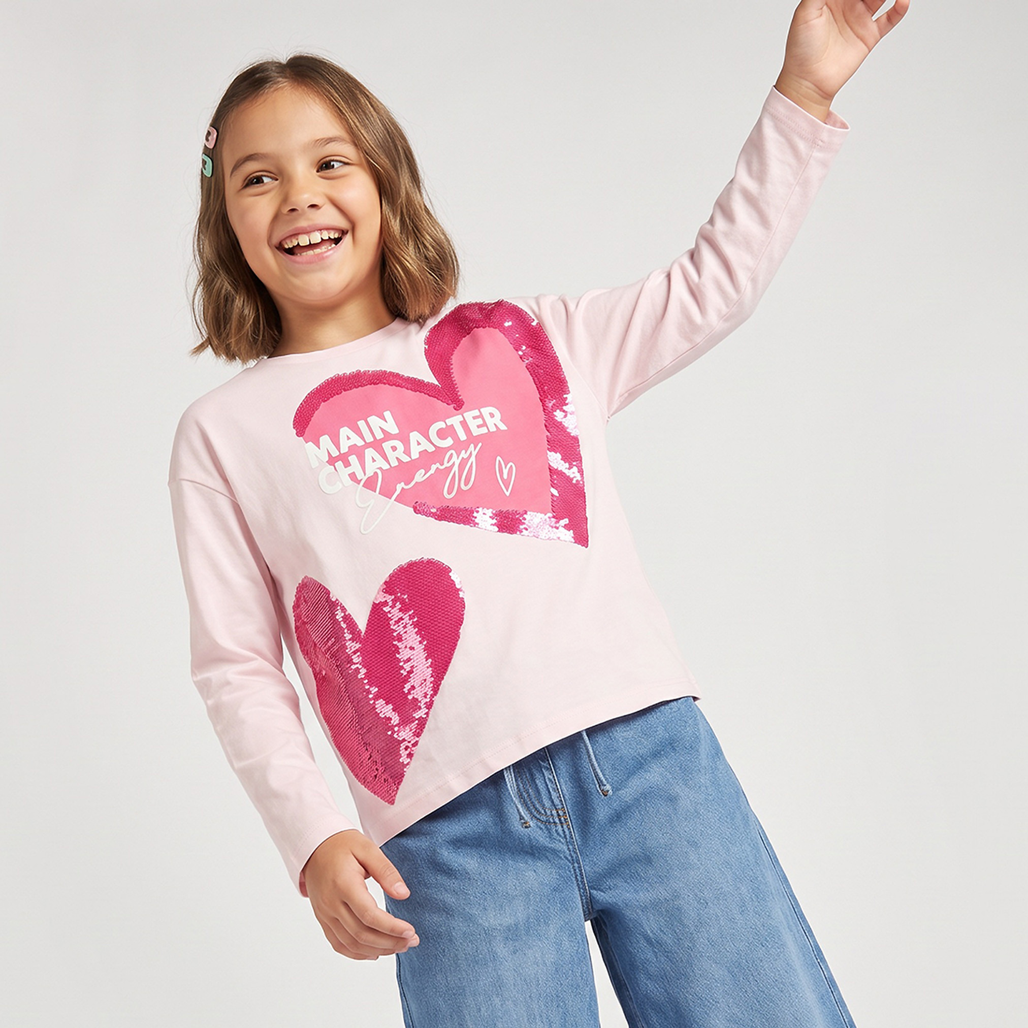 Juniors Crew Neck Long Sleeves T-shirt with Sequin Embellishment-girls-clothing-tshirts-image-1
