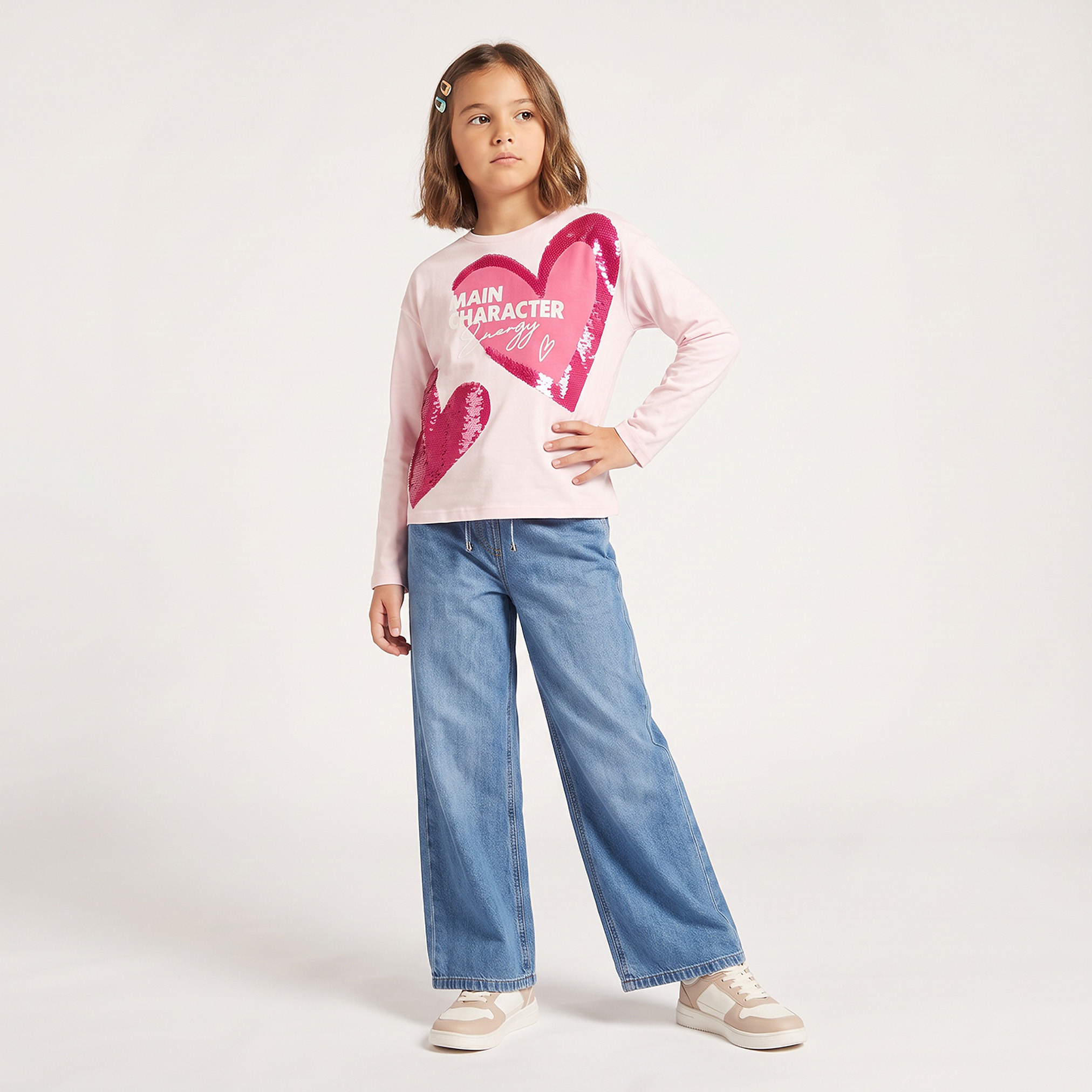 Juniors Crew Neck Long Sleeves T-shirt with Sequin Embellishment-girls-clothing-tshirts-image-4