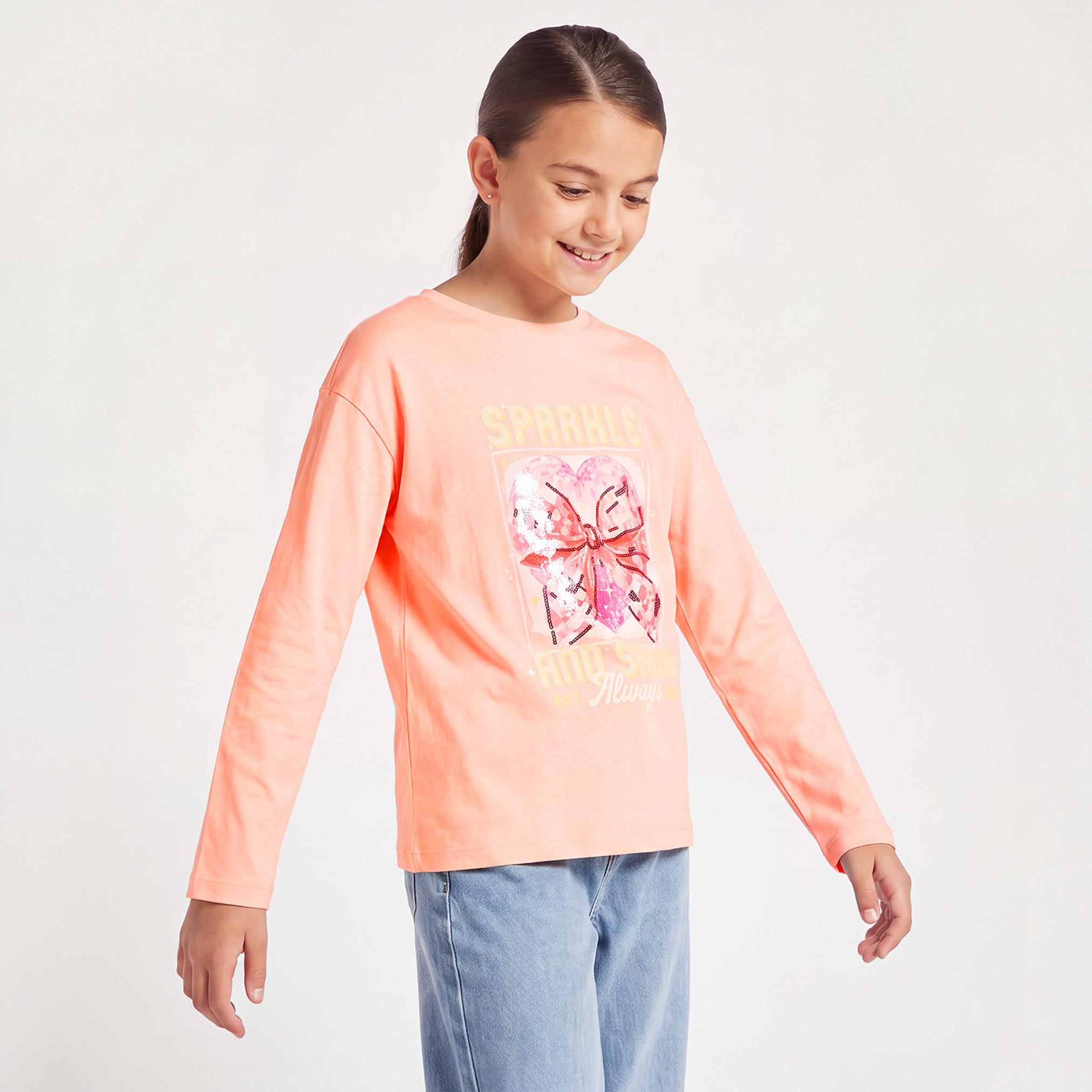 Juniors Crew Neck Long Sleeves T-shirt with Sequin Embellishment-girls-clothing-tshirts-image-1