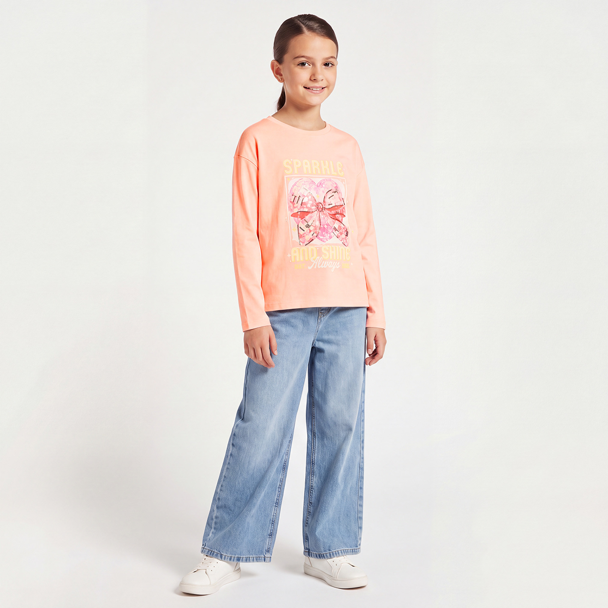 Juniors Crew Neck Long Sleeves T-shirt with Sequin Embellishment-girls-clothing-tshirts-image-2