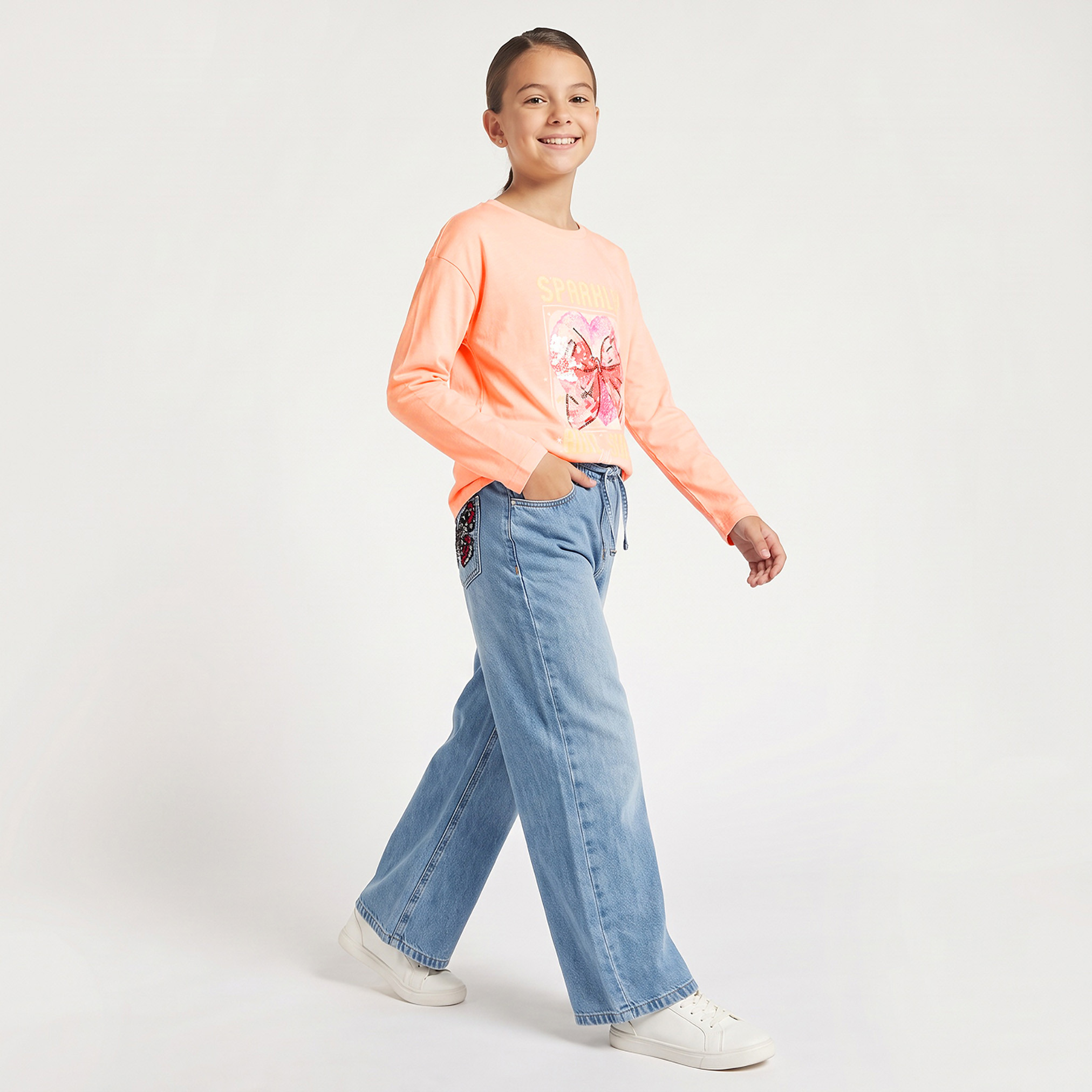 Juniors Crew Neck Long Sleeves T-shirt with Sequin Embellishment-girls-clothing-tshirts-image-6