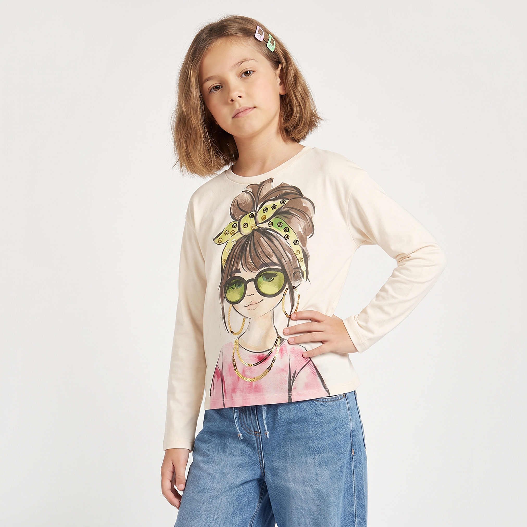Juniors Crew Neck Long Sleeves T-shirt with Illustrated Print-girls-clothing-tshirts-image-1