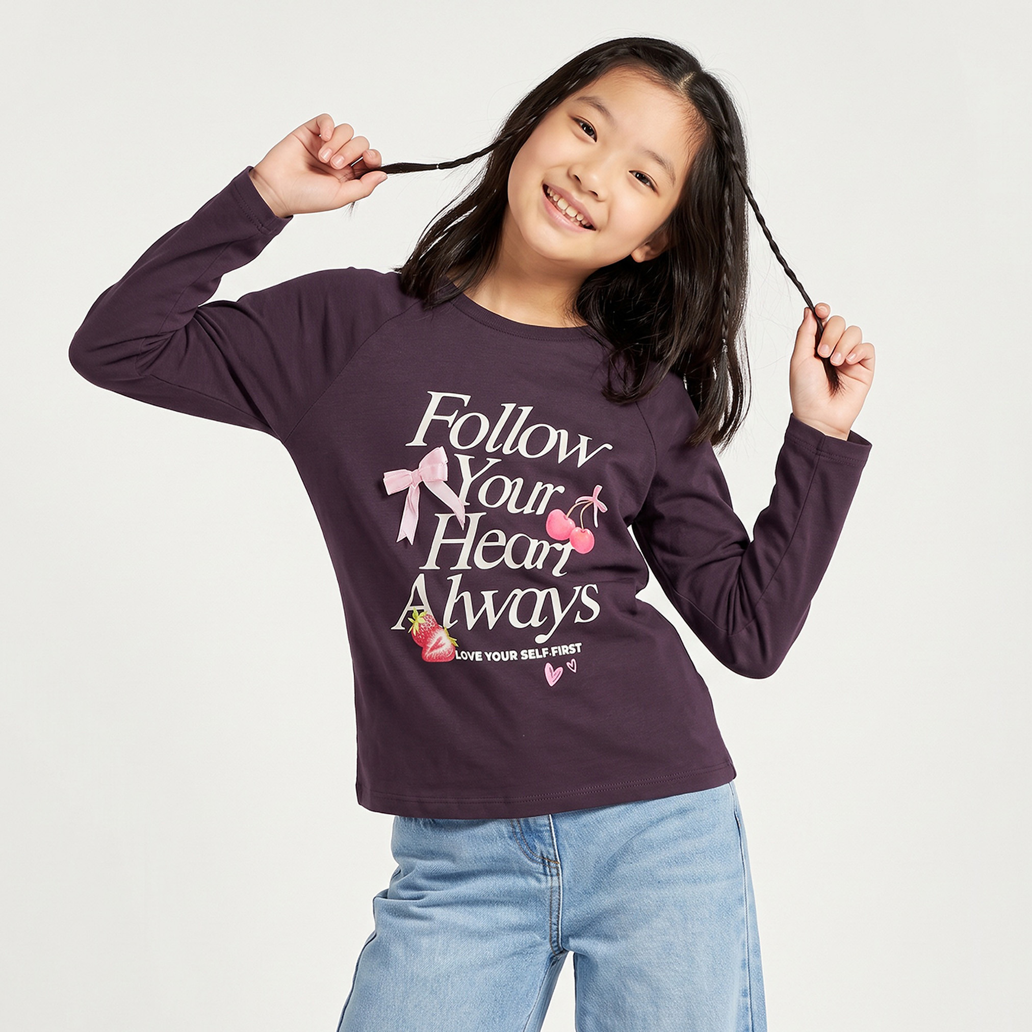 Juniors Crew Neck Long Sleeves T-shirt with Slogan Print-girls-clothing-tshirts-image-1