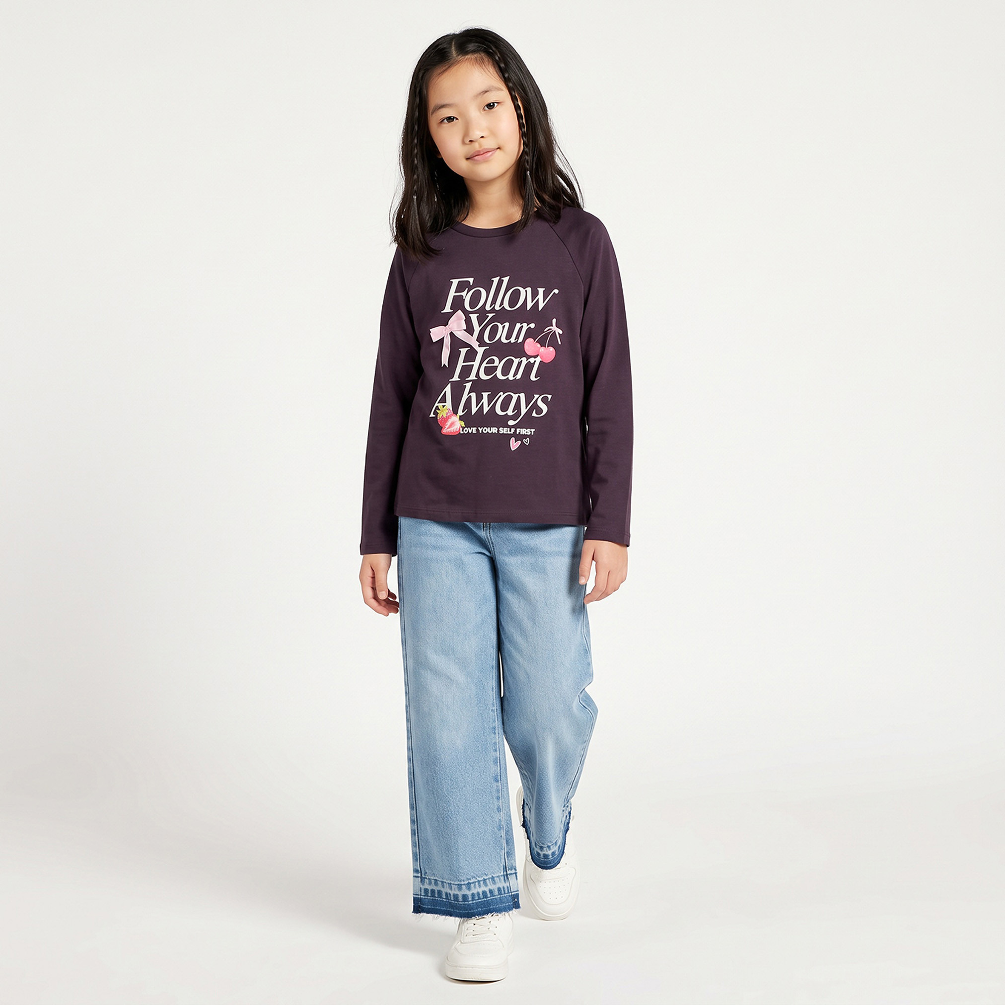 Juniors Crew Neck Long Sleeves T-shirt with Slogan Print-girls-clothing-tshirts-image-2