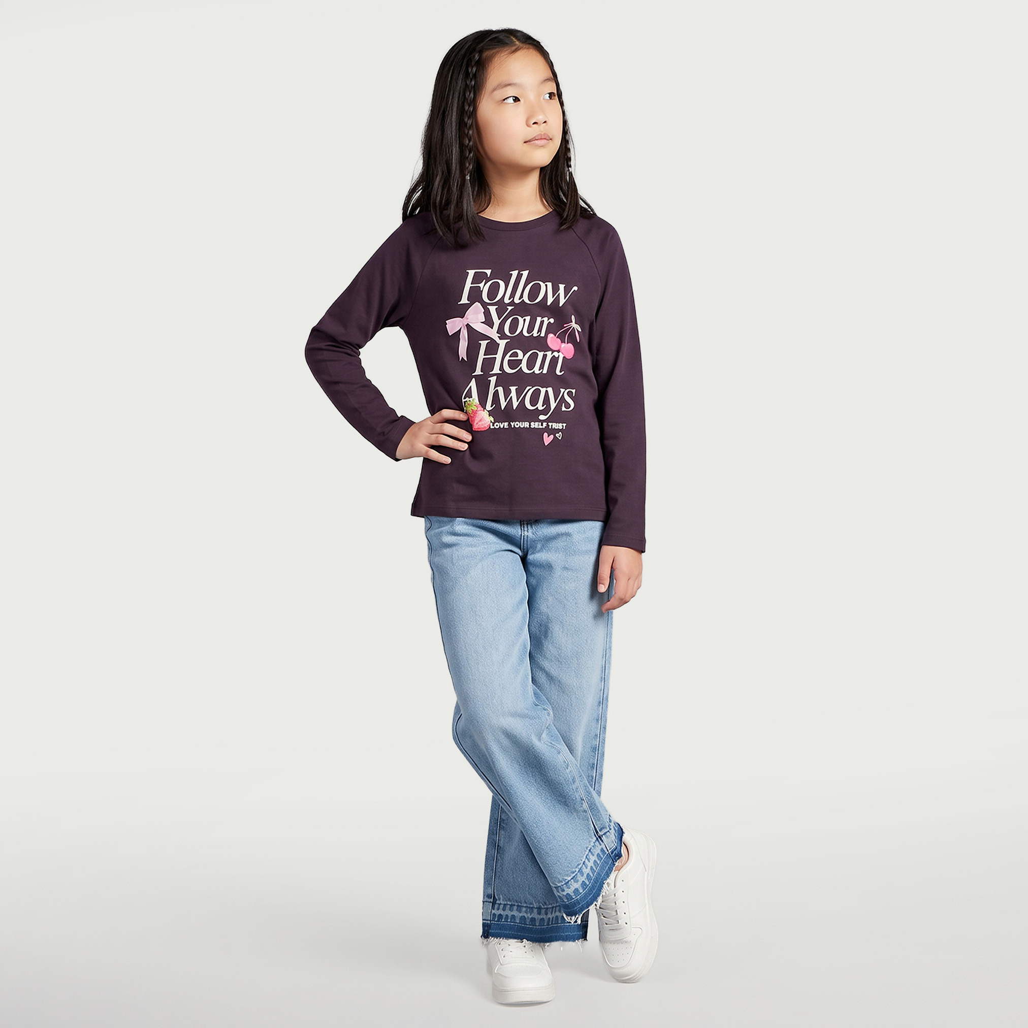 Juniors Crew Neck Long Sleeves T-shirt with Slogan Print-girls-clothing-tshirts-image-4