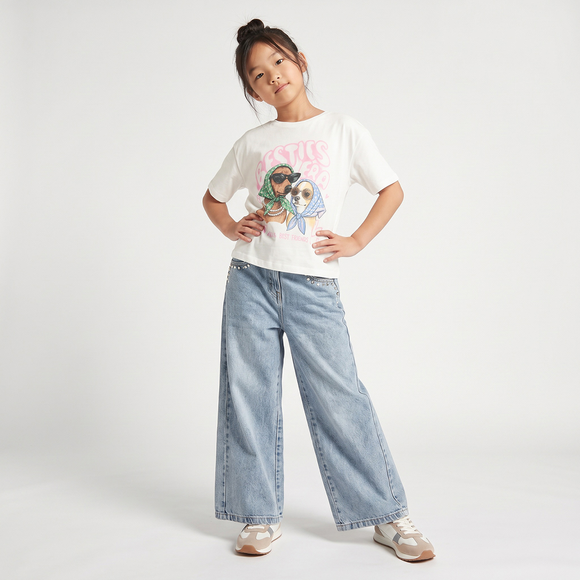 Juniors Round Neck Short Sleeves T-shirt with Graphic Print-girls-clothing-tshirts-image-2