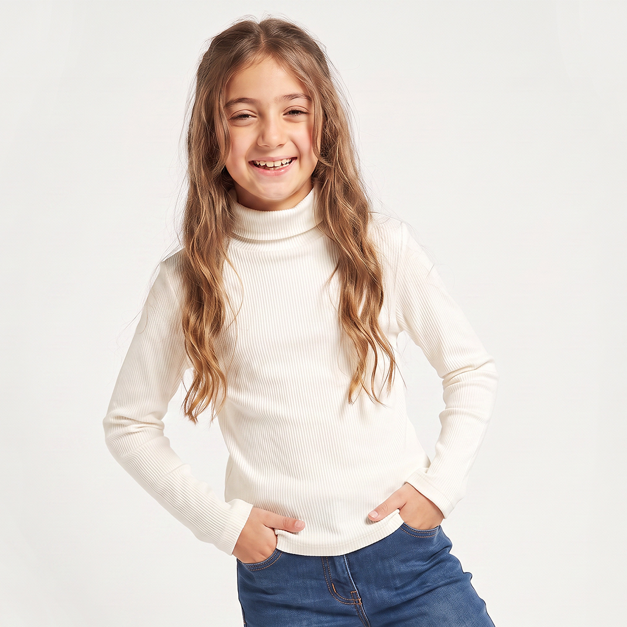 Juniors Turtle Neck Long Sleeves T-shirt with Ribbed Finish-girls-clothing-tshirts-image-1