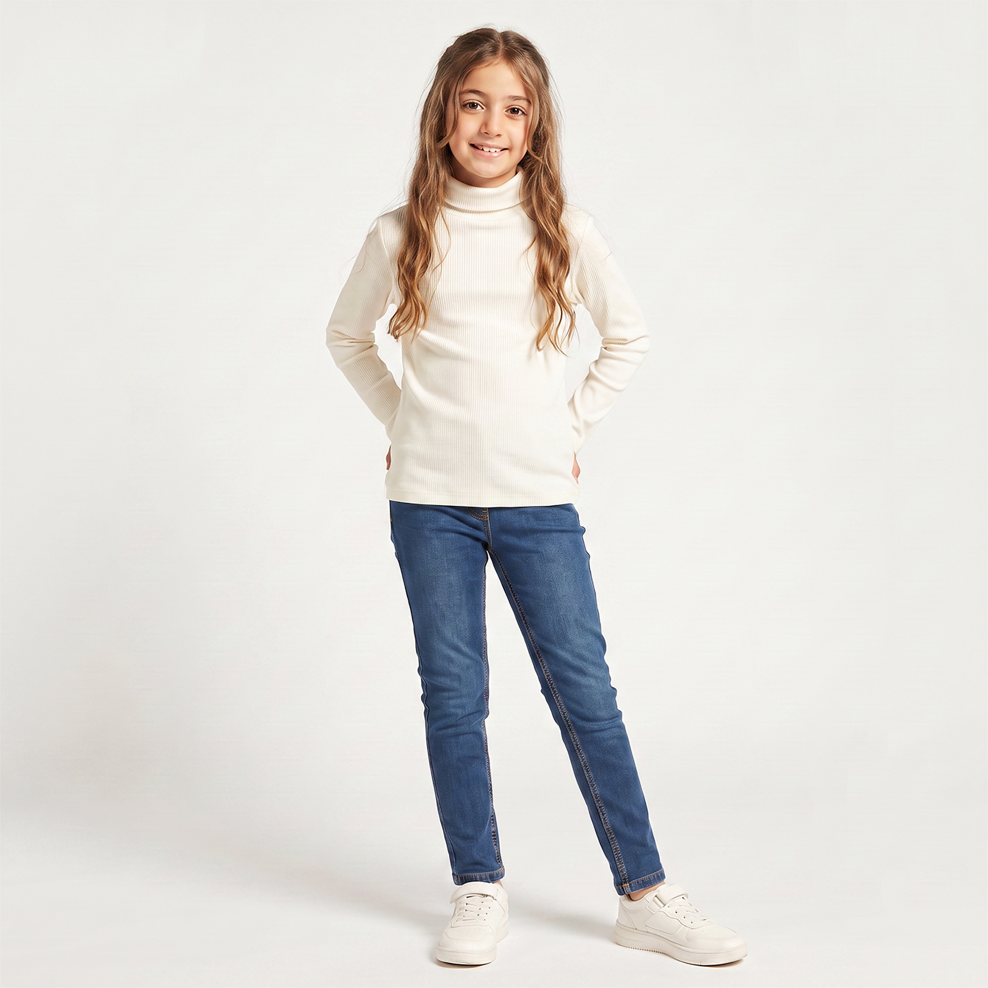 Juniors Turtle Neck Long Sleeves T-shirt with Ribbed Finish-girls-clothing-tshirts-image-2
