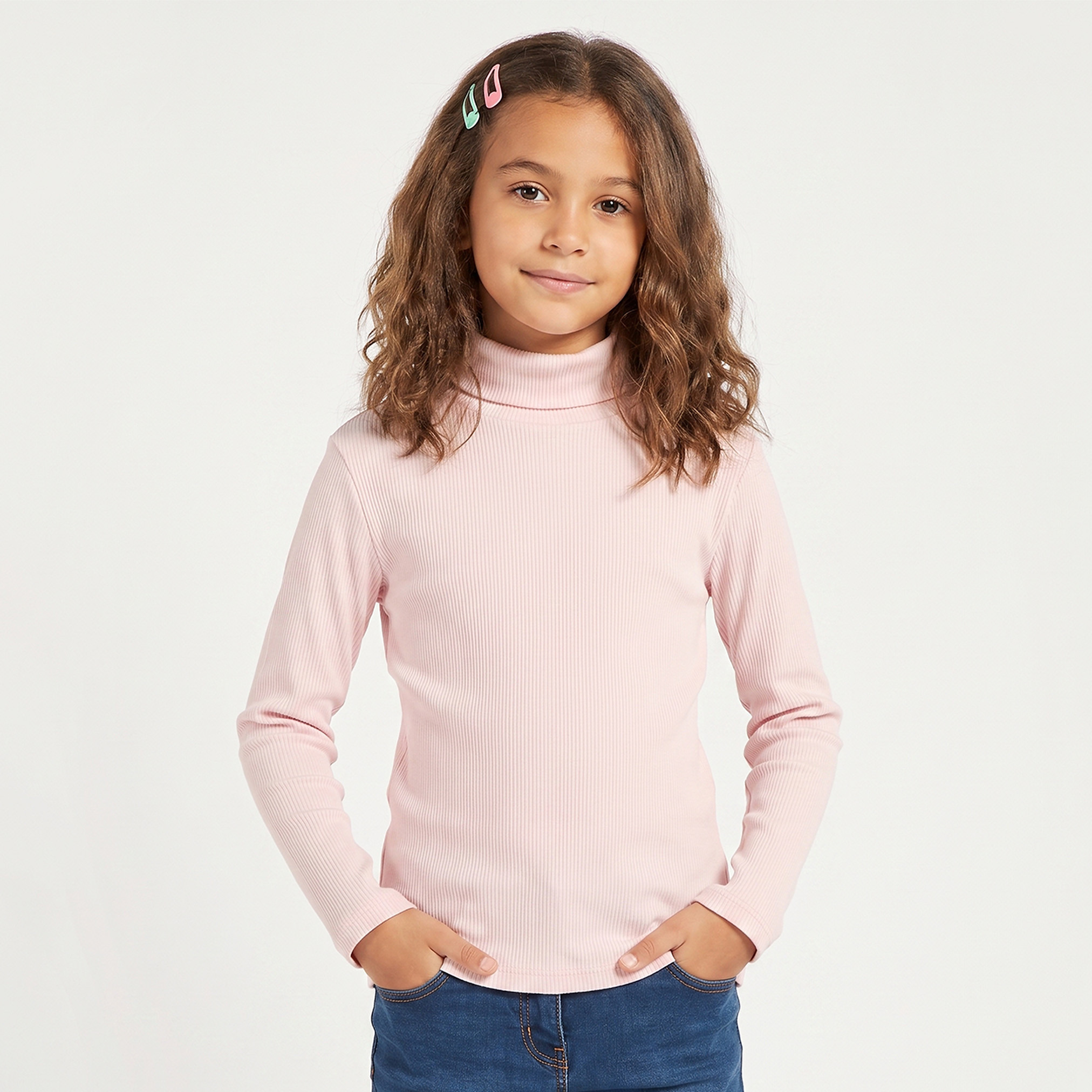 تيشيرت مضلع بياقة عالية وأكمام قصيرة من جونيورز-girls-clothing-tshirts-image-1