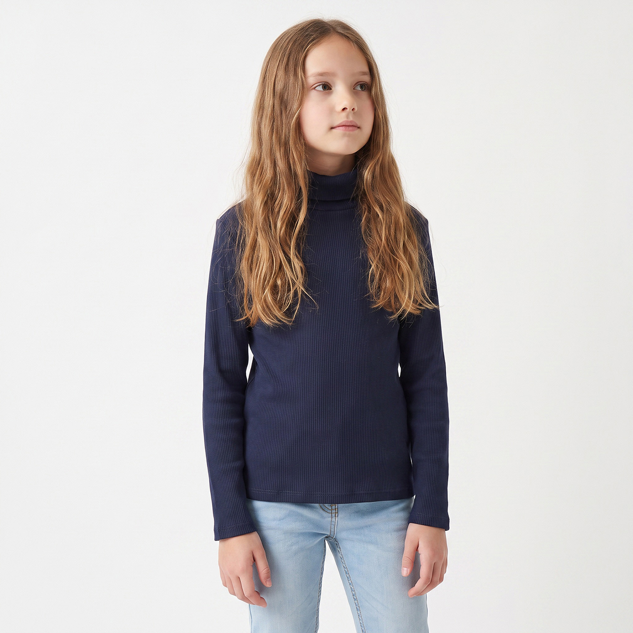 Juniors High Neck Long Sleeves T-shirt with Ribbed Design-girls-clothing-tshirts-image-1