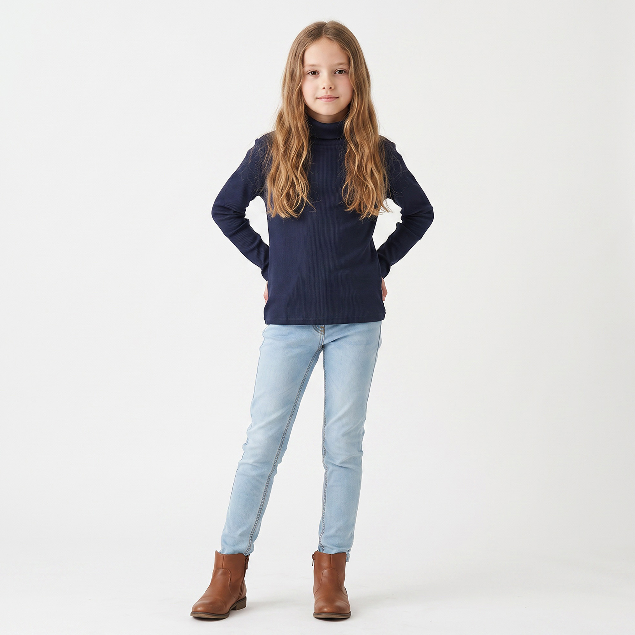 Juniors High Neck Long Sleeves T-shirt with Ribbed Design-girls-clothing-tshirts-image-2