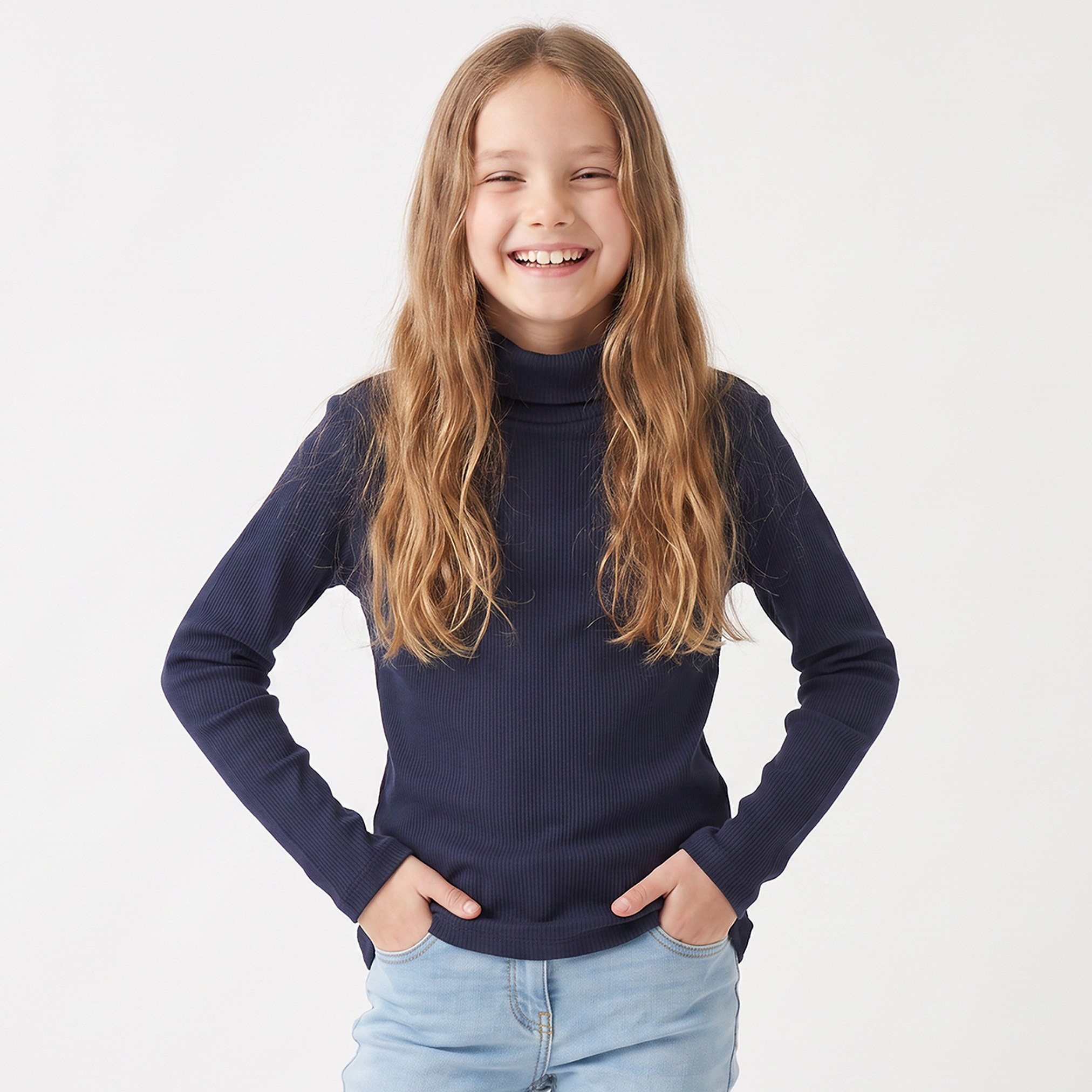 Juniors High Neck Long Sleeves T-shirt with Ribbed Design-girls-clothing-tshirts-image-5
