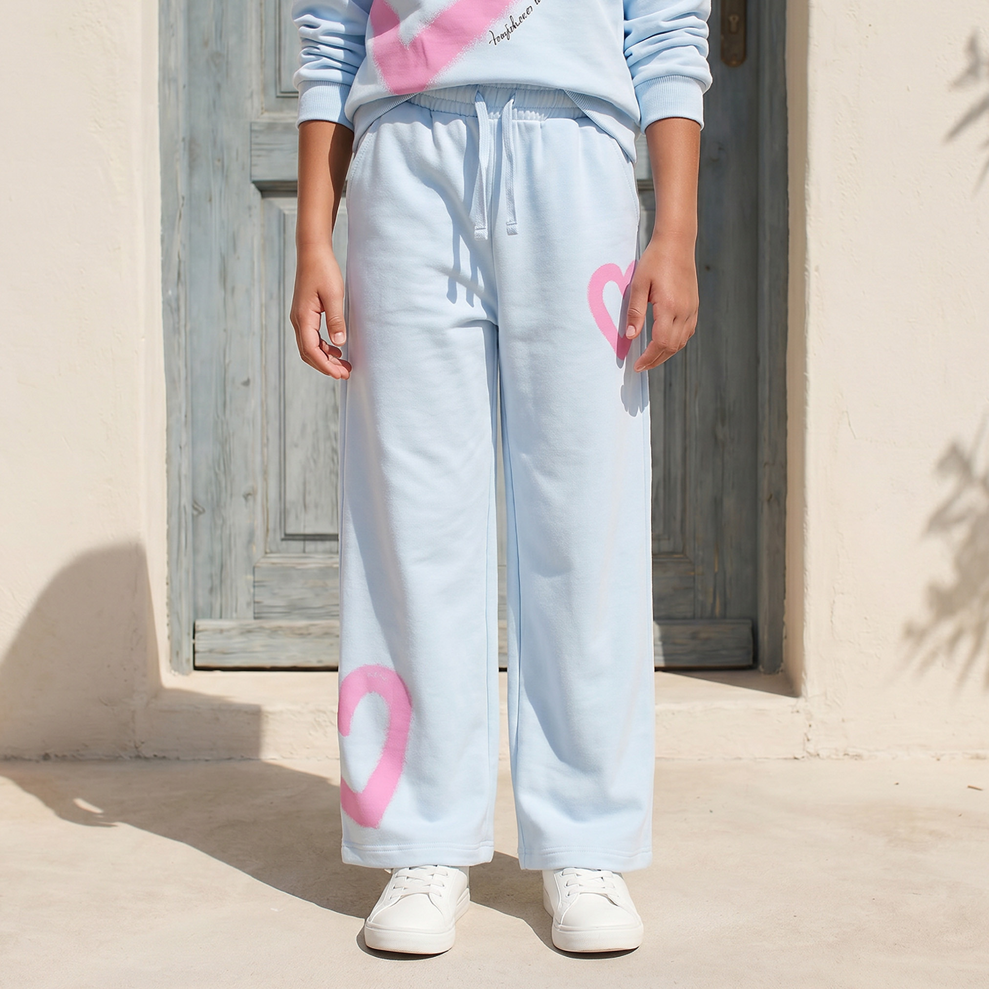 Juniors Drawstring Waistband Track Pants with Heart Print-girls-clothing-bottoms-joggersandtrackpants-image-1