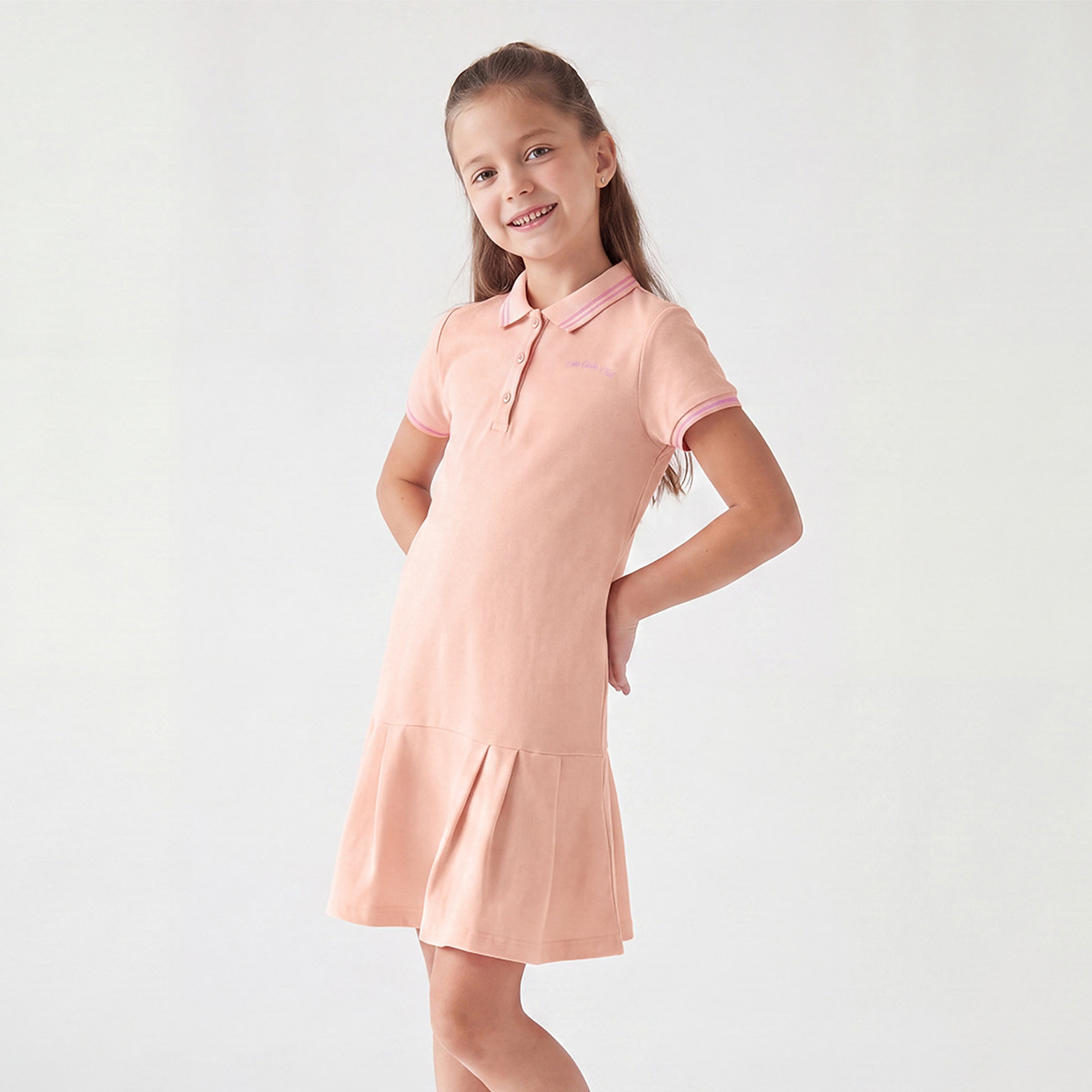 فستان تيشيرت بياقة وأكمام قصيرة بطول الركبة وحافة كشكش من جونيورز-girls-clothing-dressesandjumpsuits-image-1