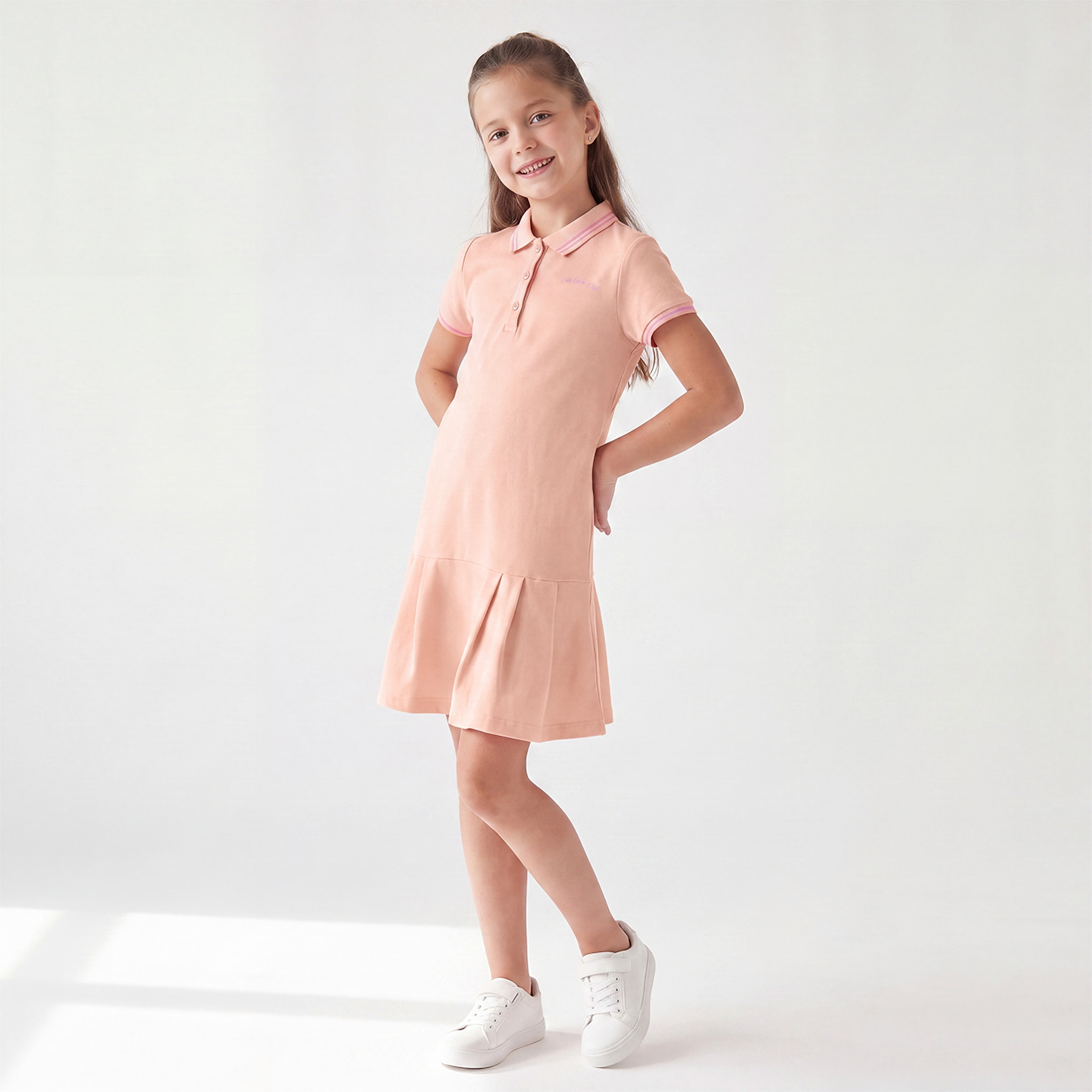 Juniors Collared Short Sleeves Knee Length T-shirt Dress with Flounce Hem-girls-clothing-dressesandjumpsuits-image-1