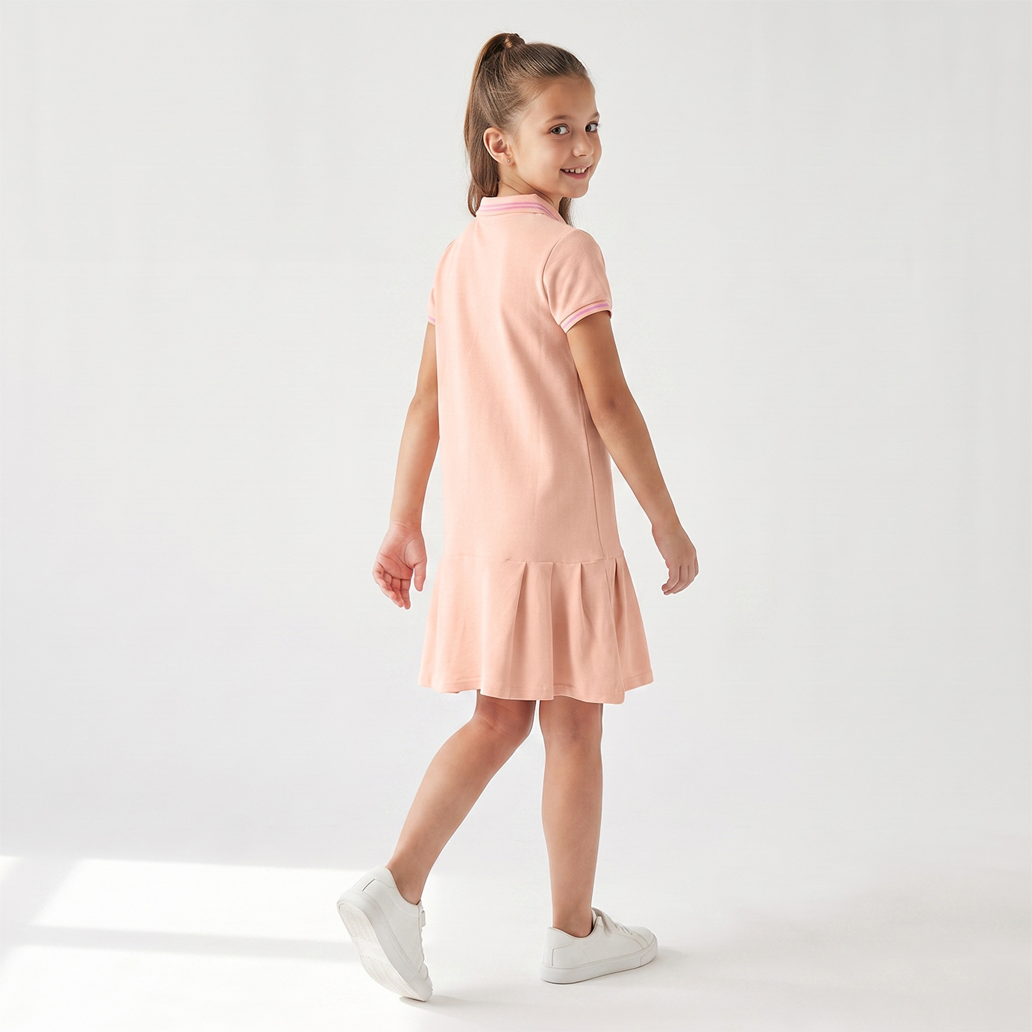 Juniors Collared Short Sleeves Knee Length T-shirt Dress with Flounce Hem-girls-clothing-dressesandjumpsuits-image-2