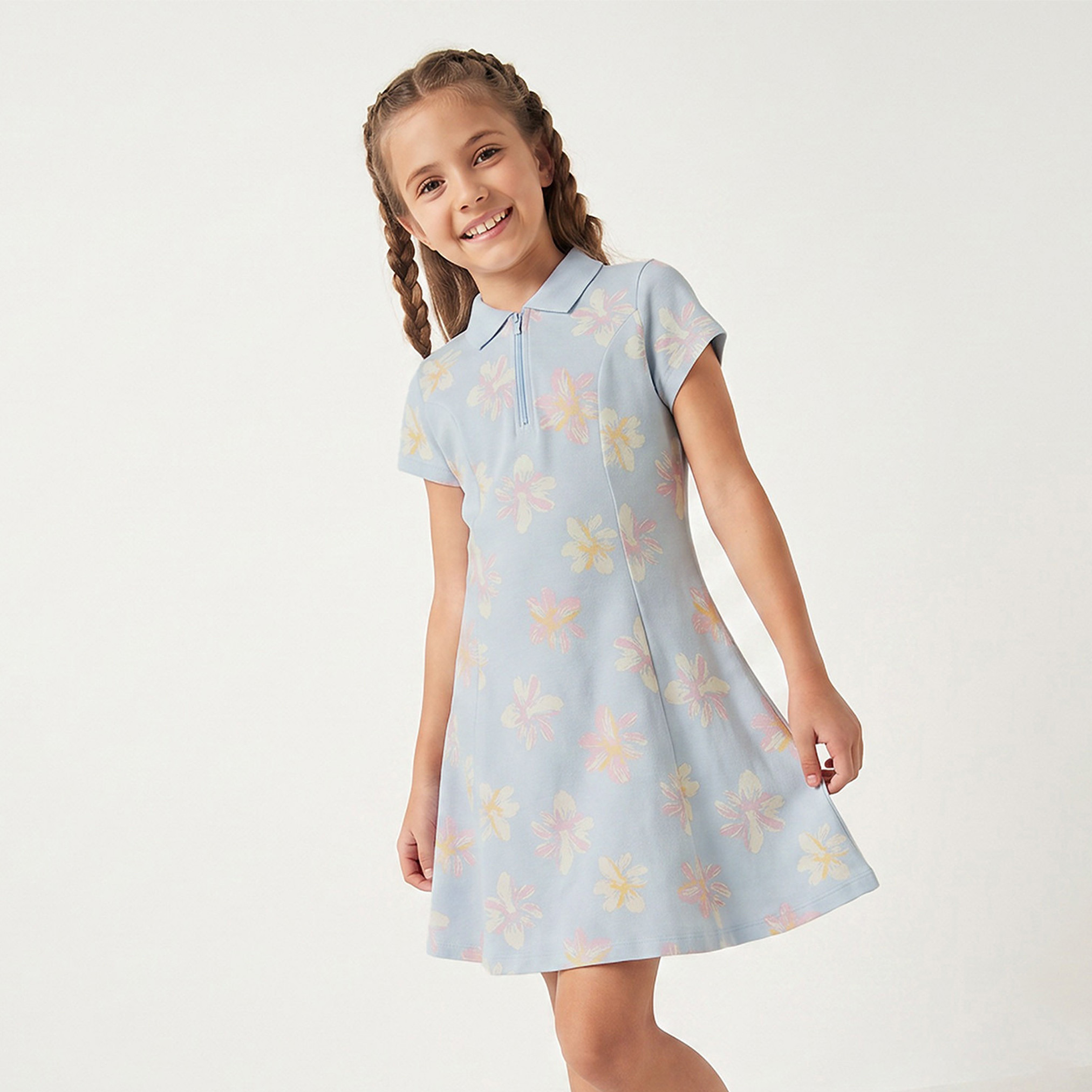 فستان تيشيرت بياقة وأكمام قصيرة بطول الركبة وحافة كشكش من جونيورز-girls-clothing-dressesandjumpsuits-image-1