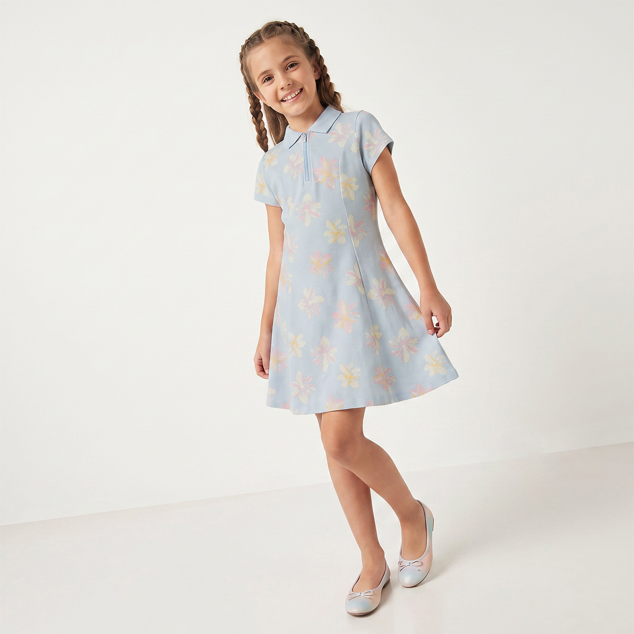 Juniors Collared Short Sleeves Knee Length T-shirt Dress with Flounce Hem-girls-clothing-dressesandjumpsuits-image-1
