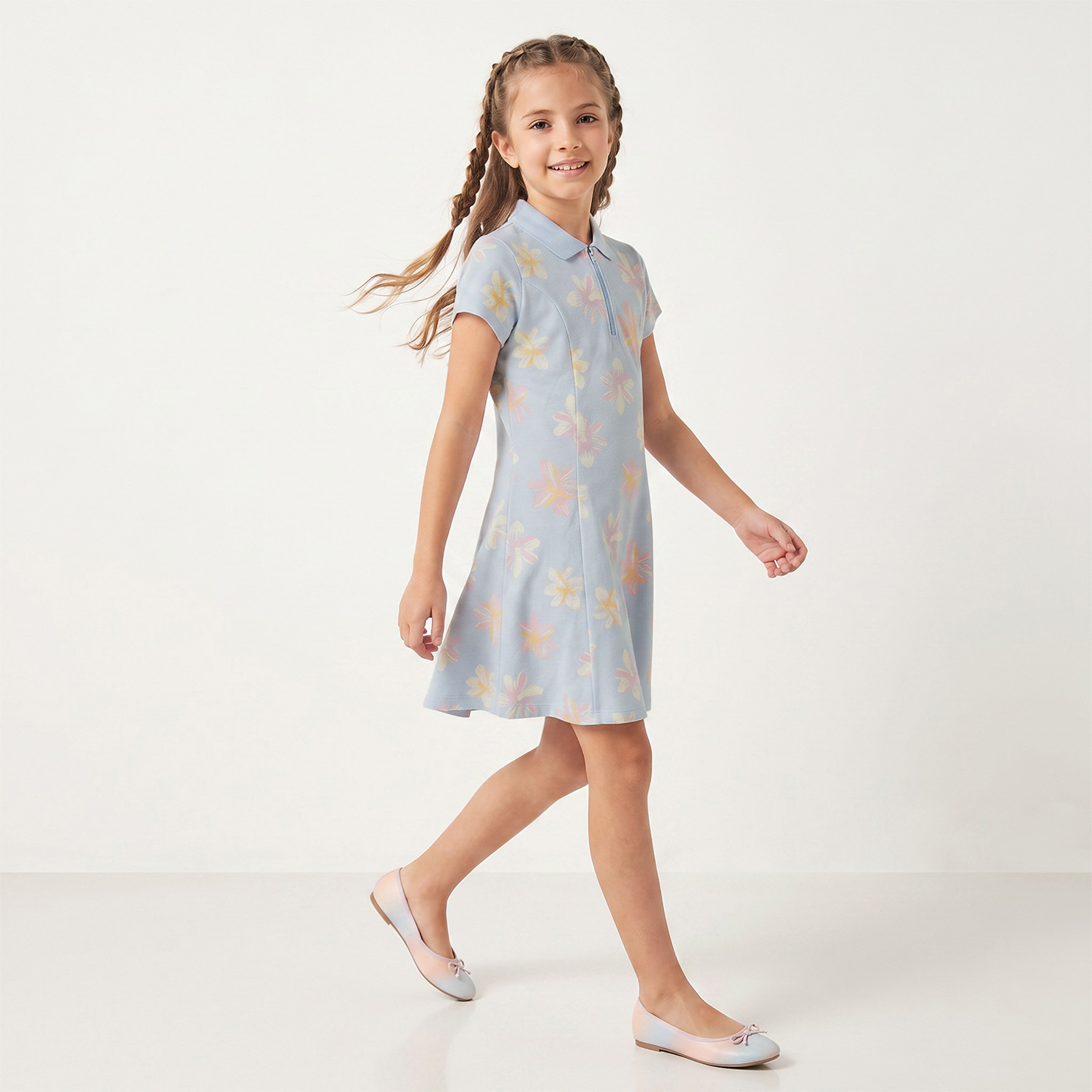Juniors Collared Short Sleeves Knee Length T-shirt Dress with Flounce Hem-girls-clothing-dressesandjumpsuits-image-4