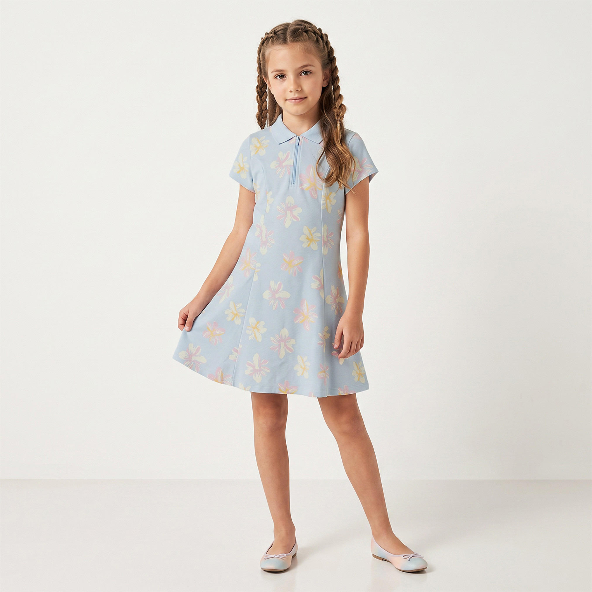 Juniors Collared Short Sleeves Knee Length T-shirt Dress with Flounce Hem-girls-clothing-dressesandjumpsuits-image-5