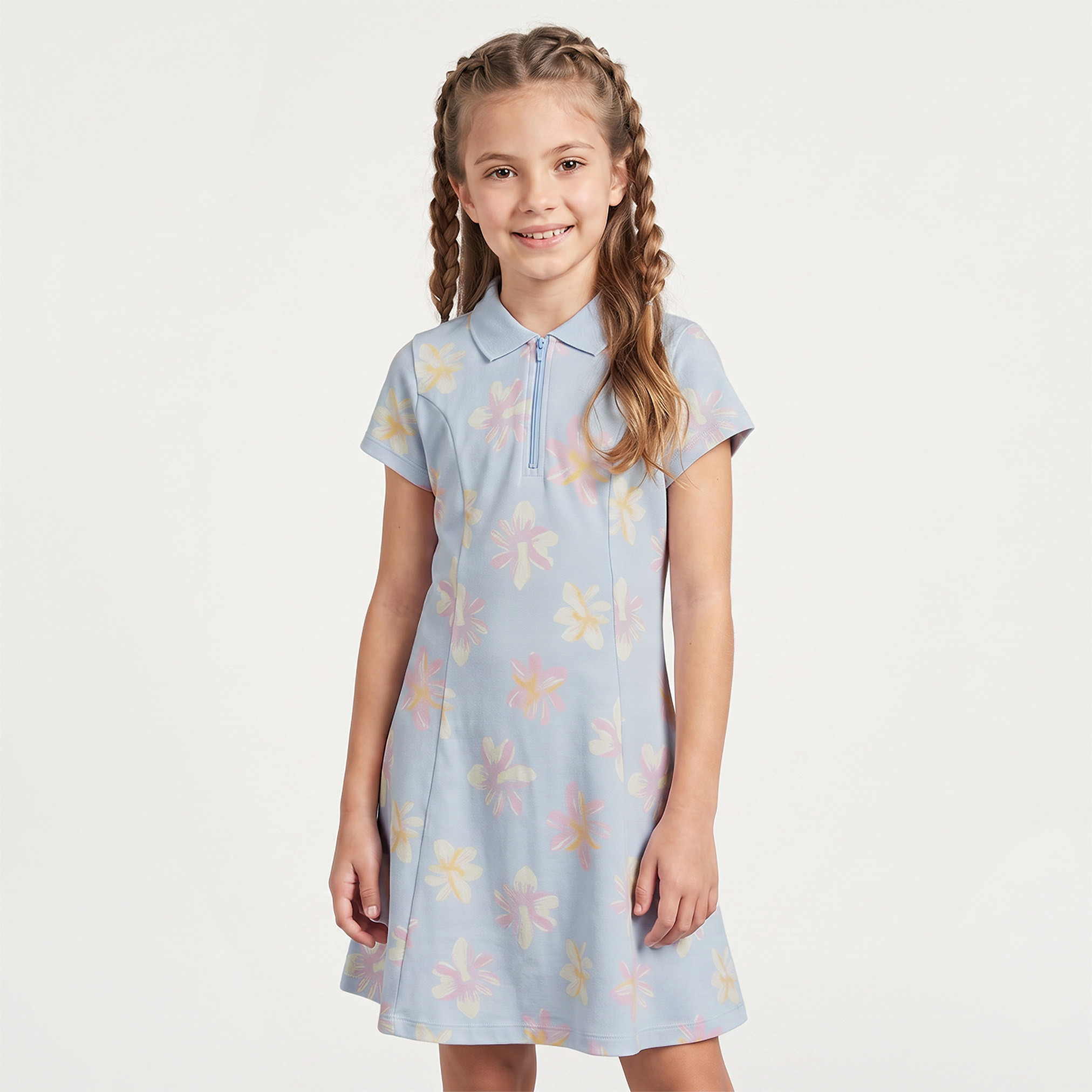 Juniors Collared Short Sleeves Knee Length T-shirt Dress with Flounce Hem-girls-clothing-dressesandjumpsuits-image-6