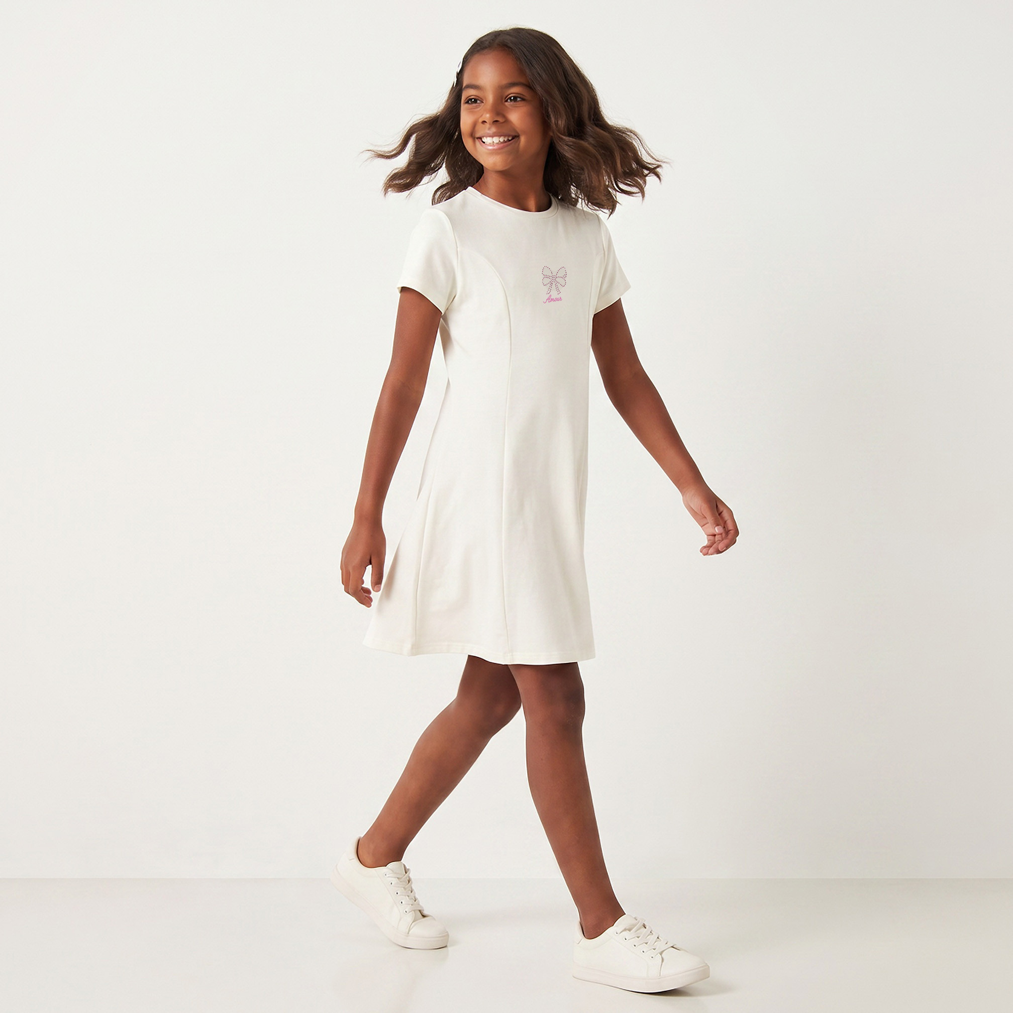 Juniors Round Neck Short Sleeves Knee Length A-line Dress with Bow Embellishment-girls-clothing-dressesandjumpsuits-image-1