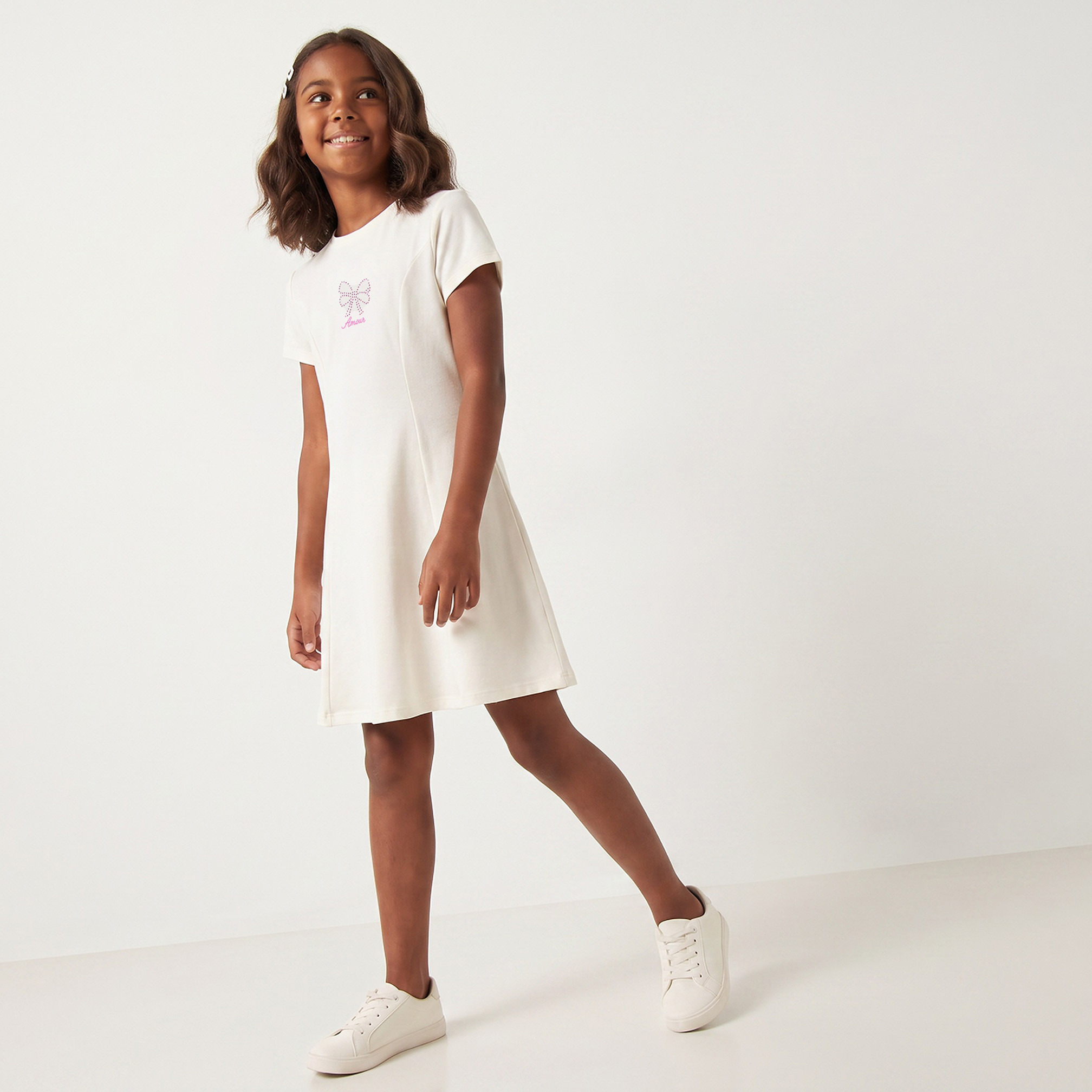 Juniors Round Neck Short Sleeves Knee Length A-line Dress with Bow Embellishment-girls-clothing-dressesandjumpsuits-image-4