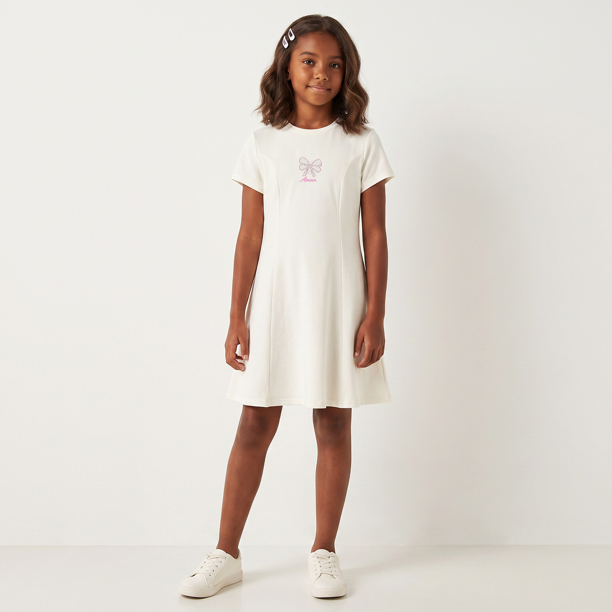 Juniors Round Neck Short Sleeves Knee Length A-line Dress with Bow Embellishment-girls-clothing-dressesandjumpsuits-image-5
