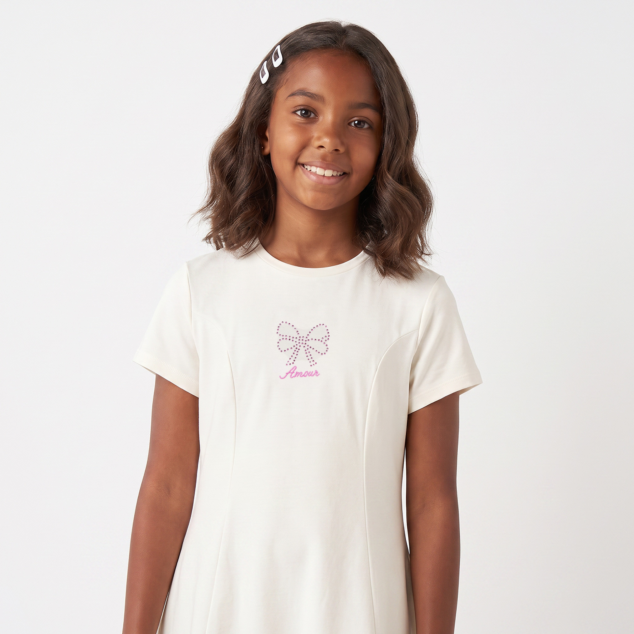 Juniors Round Neck Short Sleeves Knee Length A-line Dress with Bow Embellishment-girls-clothing-dressesandjumpsuits-image-6