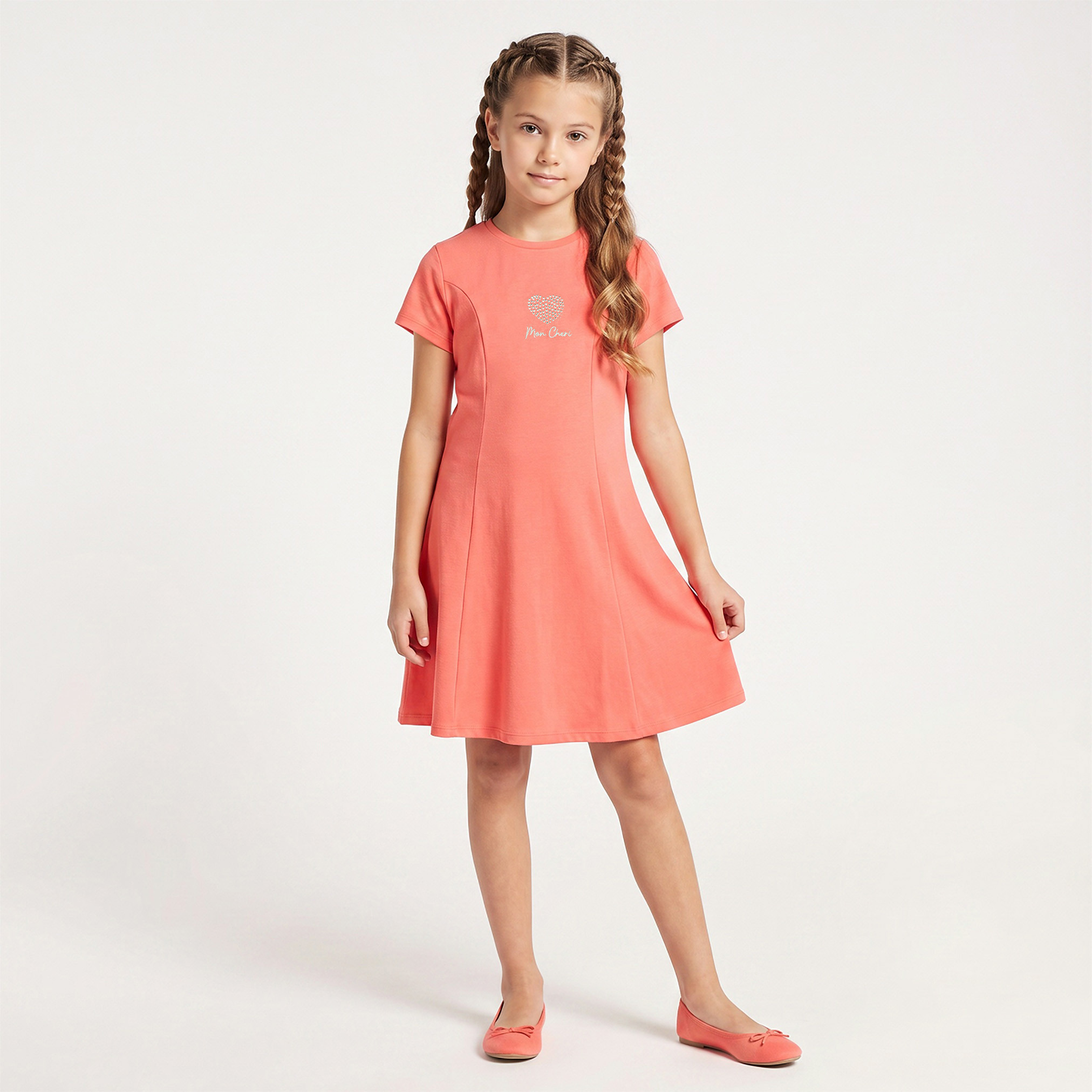 Juniors Round Neck Short Sleeves Knee Length A-line Dress with Embellished Heart Detail-girls-clothing-dressesandjumpsuits-image-1