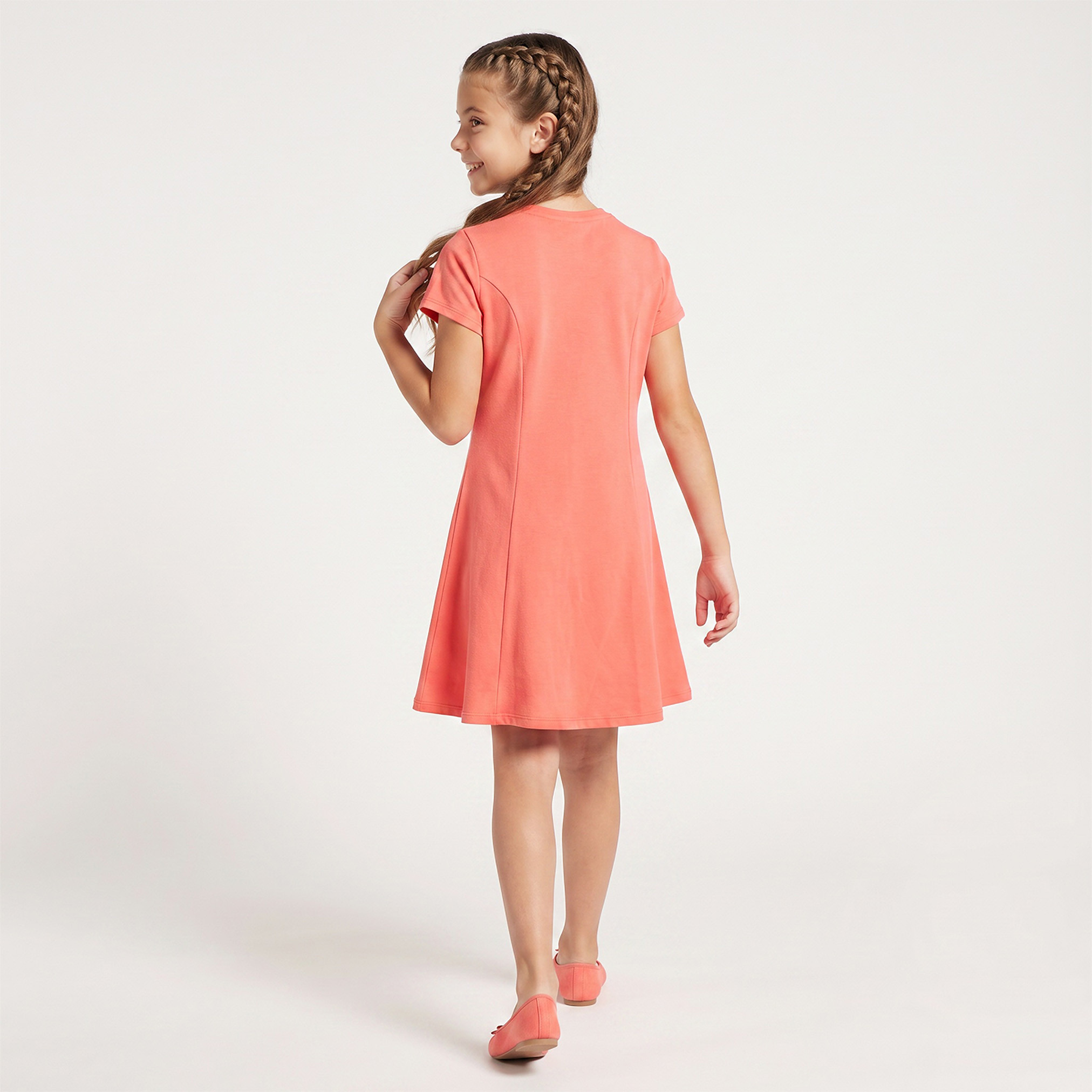 Juniors Round Neck Short Sleeves Knee Length A-line Dress with Embellished Heart Detail-girls-clothing-dressesandjumpsuits-image-2