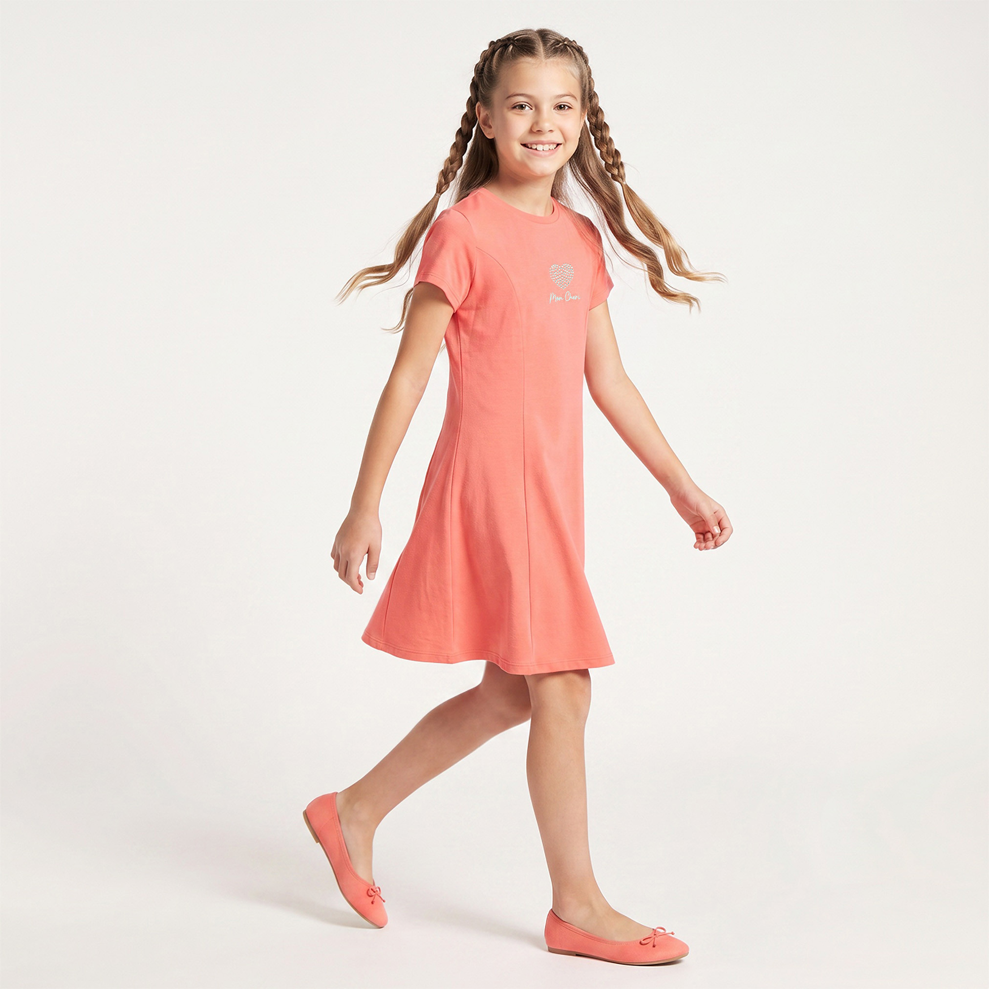 Juniors Round Neck Short Sleeves Knee Length A-line Dress with Embellished Heart Detail-girls-clothing-dressesandjumpsuits-image-4